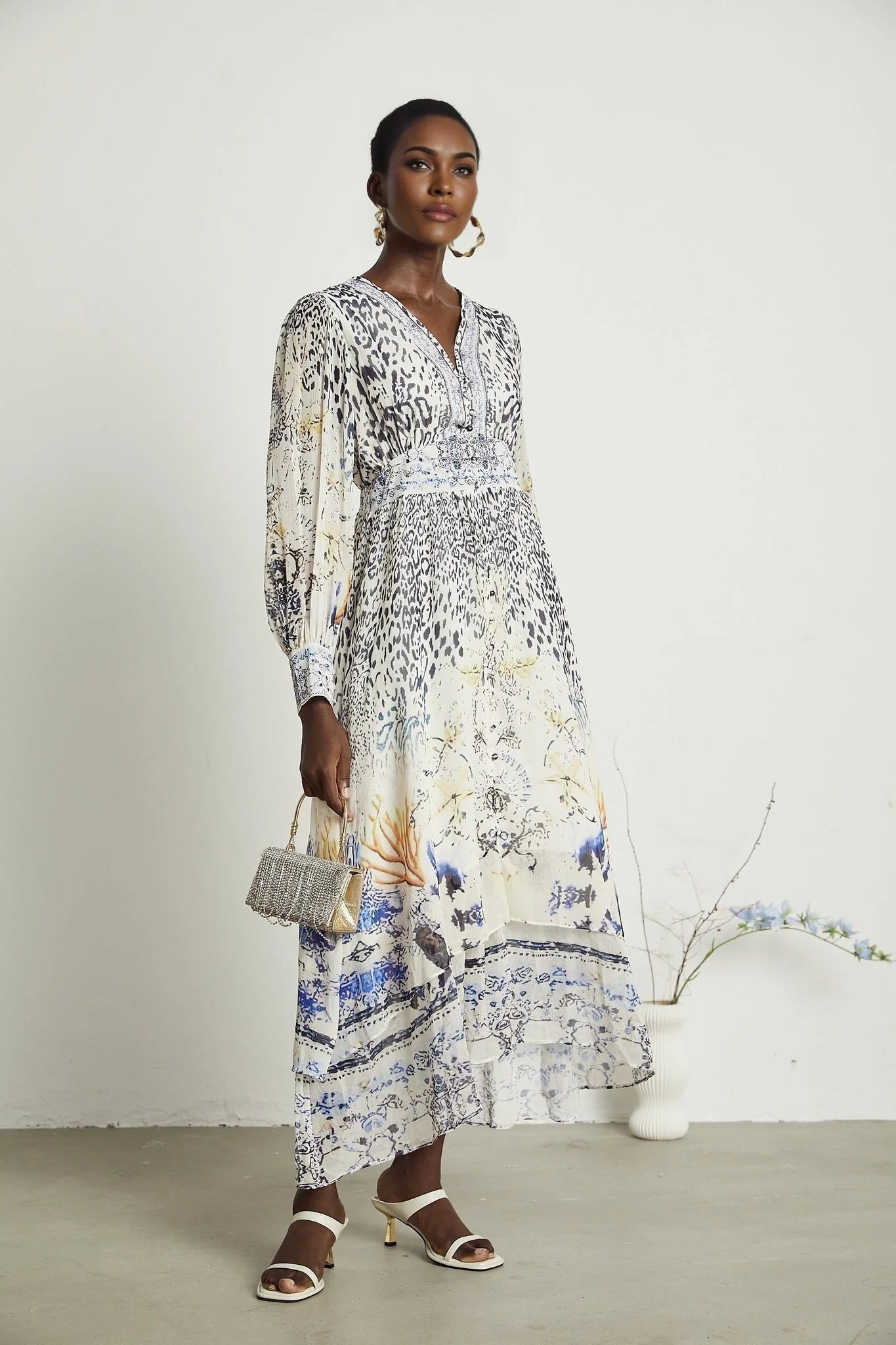 Chloe Maxi Dress - Plunging V - Neck - Long Blouson Sleeves - Double Ruffle Hem - Front Button Fastening