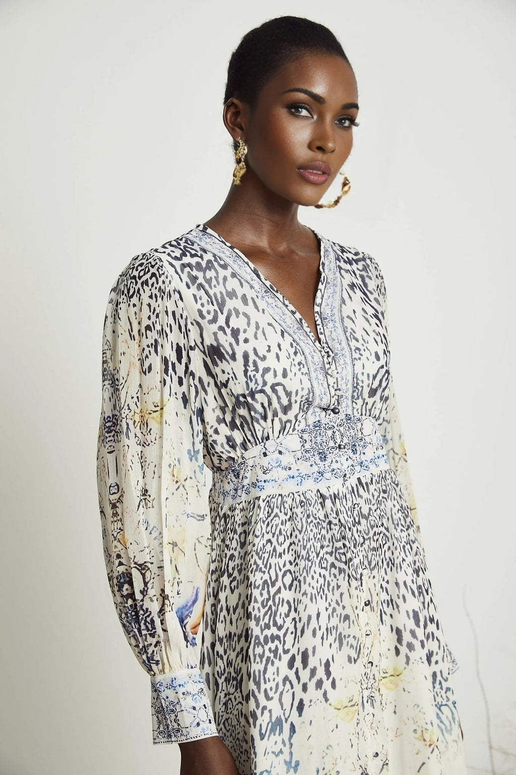 Chloe Maxi Dress - Plunging V - Neck - Long Blouson Sleeves - Double Ruffle Hem - Front Button Fastening