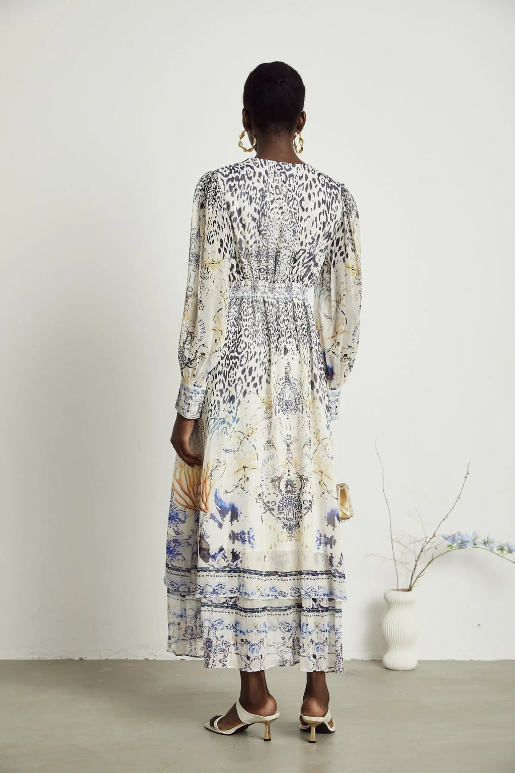 Chloe Maxi Dress - Plunging V - Neck - Long Blouson Sleeves - Double Ruffle Hem - Front Button Fastening