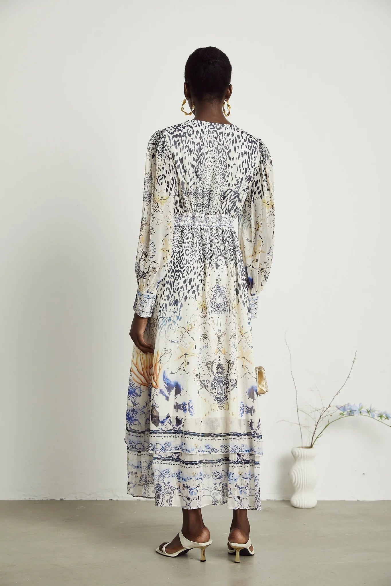 Chloe Maxi Dress - Plunging V - Neck - Long Blouson Sleeves - Double Ruffle Hem - Front Button Fastening