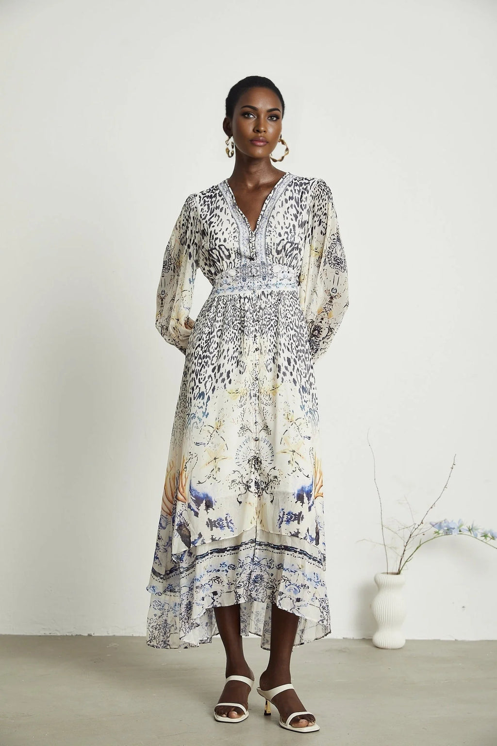 Chloe Maxi Dress - Plunging V - Neck - Long Blouson Sleeves - Double Ruffle Hem - Front Button Fastening