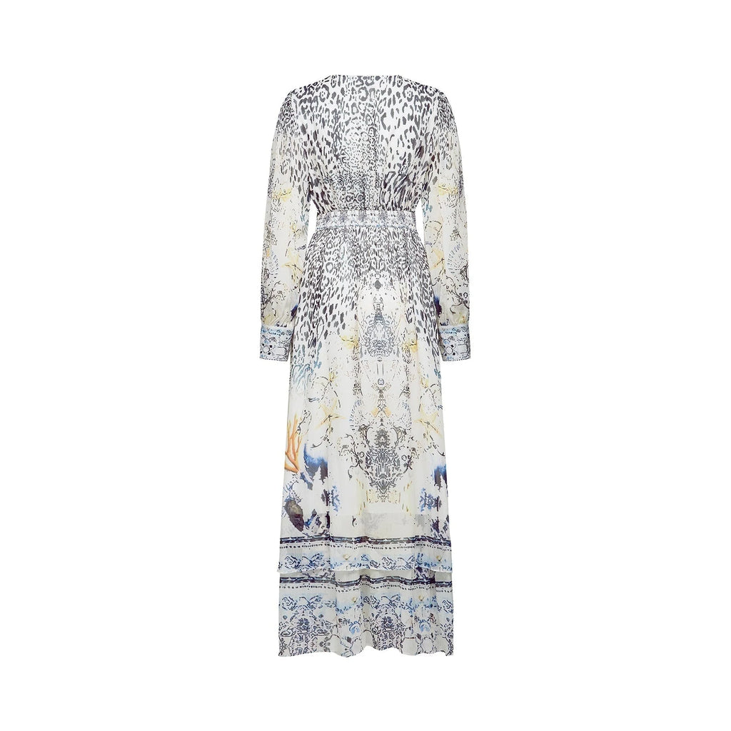 Chloe Maxi Dress - Plunging V - Neck - Long Blouson Sleeves - Double Ruffle Hem - Front Button Fastening