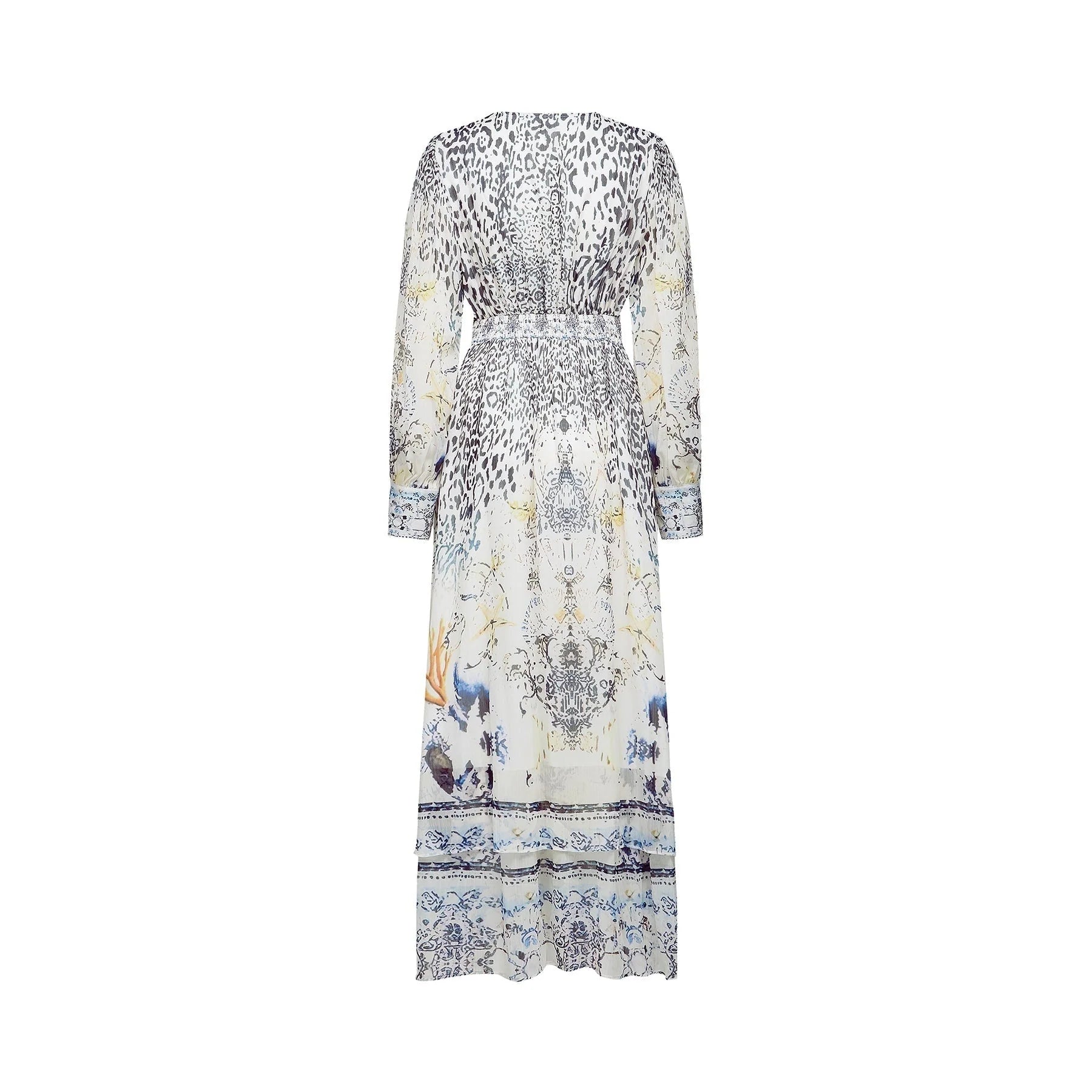 Chloe Maxi Dress - Plunging V - Neck - Long Blouson Sleeves - Double Ruffle Hem - Front Button Fastening