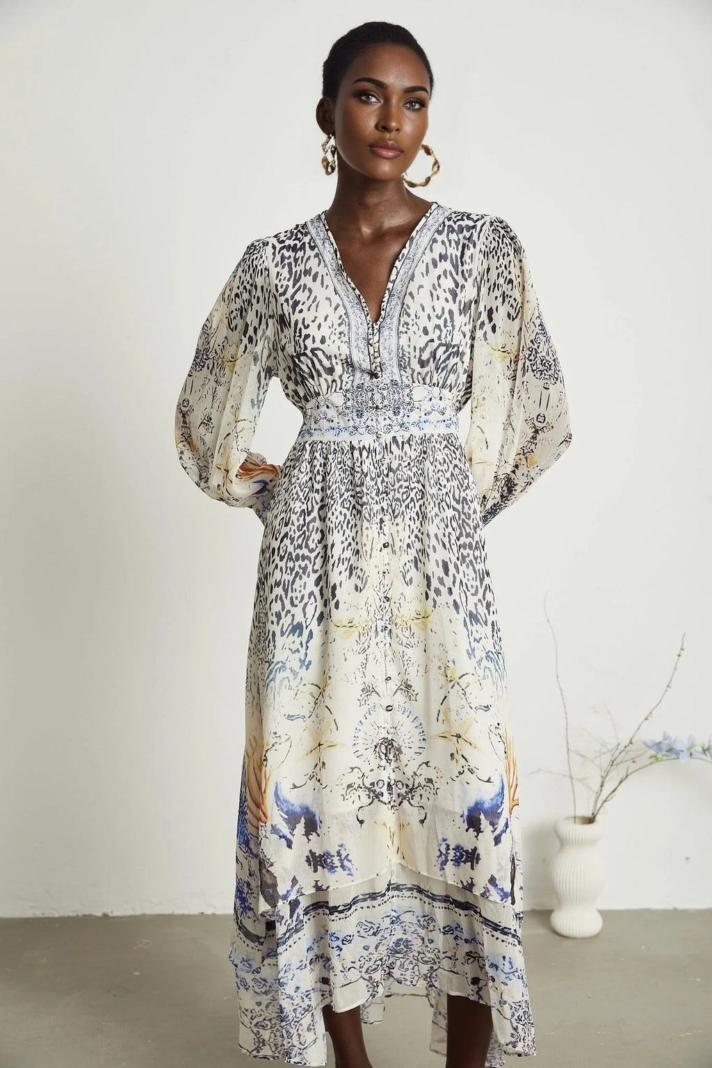 Chloe Maxi Dress - Plunging V - Neck - Long Blouson Sleeves - Double Ruffle Hem - Front Button Fastening