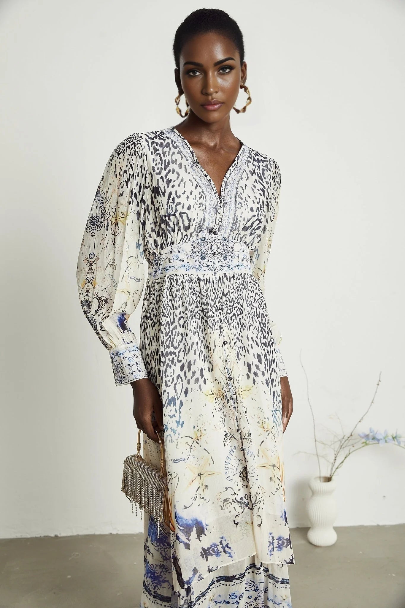 Chloe Maxi Dress - Plunging V - Neck - Long Blouson Sleeves - Double Ruffle Hem - Front Button Fastening