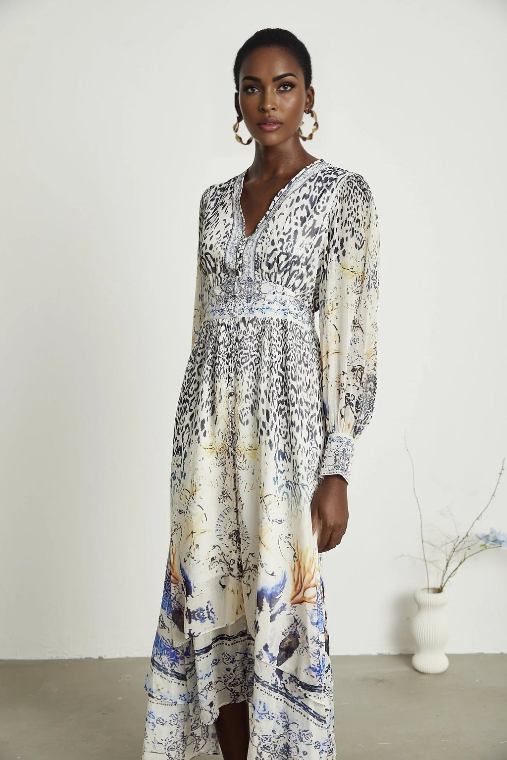 Chloe Maxi Dress - Plunging V - Neck - Long Blouson Sleeves - Double Ruffle Hem - Front Button Fastening