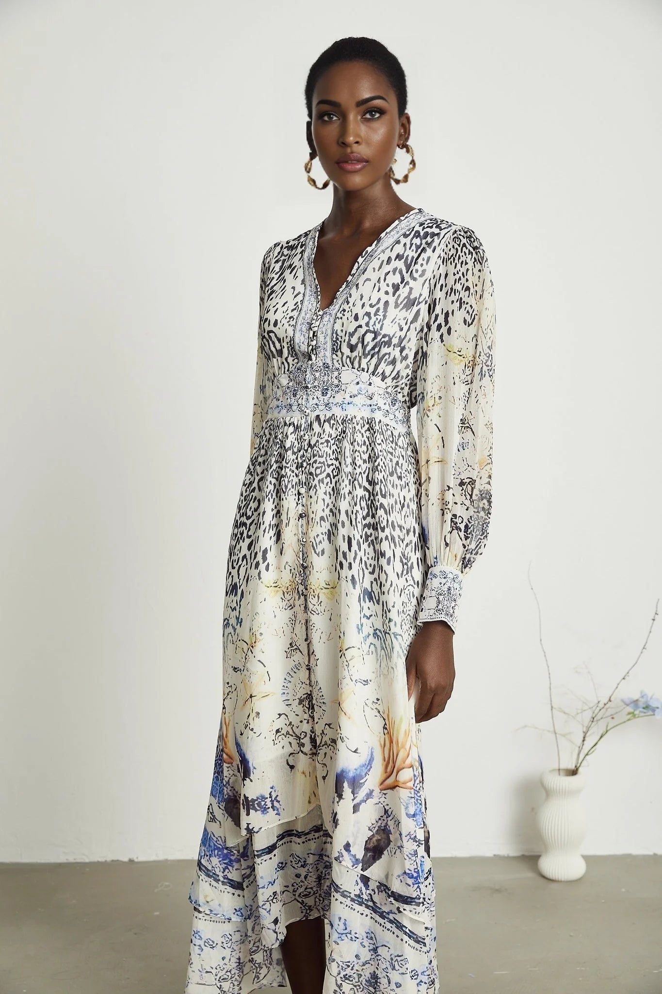 Chloe Maxi Dress - Plunging V - Neck - Long Blouson Sleeves - Double Ruffle Hem - Front Button Fastening