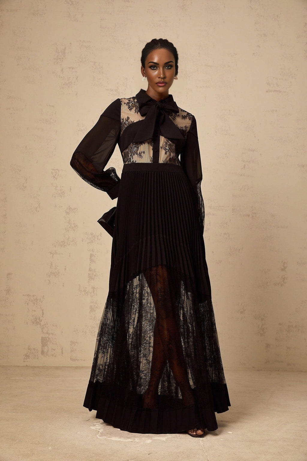 Chloe Maxi Dress - Ribbon Tie - Neck Detailing - Pleated Skirt - Floral - Lace - Buttoned Cuffs - Side Zip