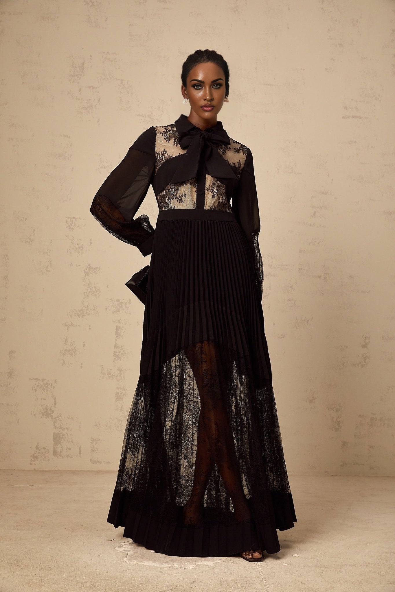 Chloe Maxi Dress - Ribbon Tie - Neck Detailing - Pleated Skirt - Floral - Lace - Buttoned Cuffs - Side Zip