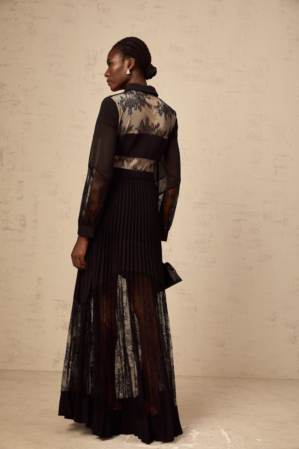 Chloe Maxi Dress - Ribbon Tie - Neck Detailing - Pleated Skirt - Floral - Lace - Buttoned Cuffs - Side Zip