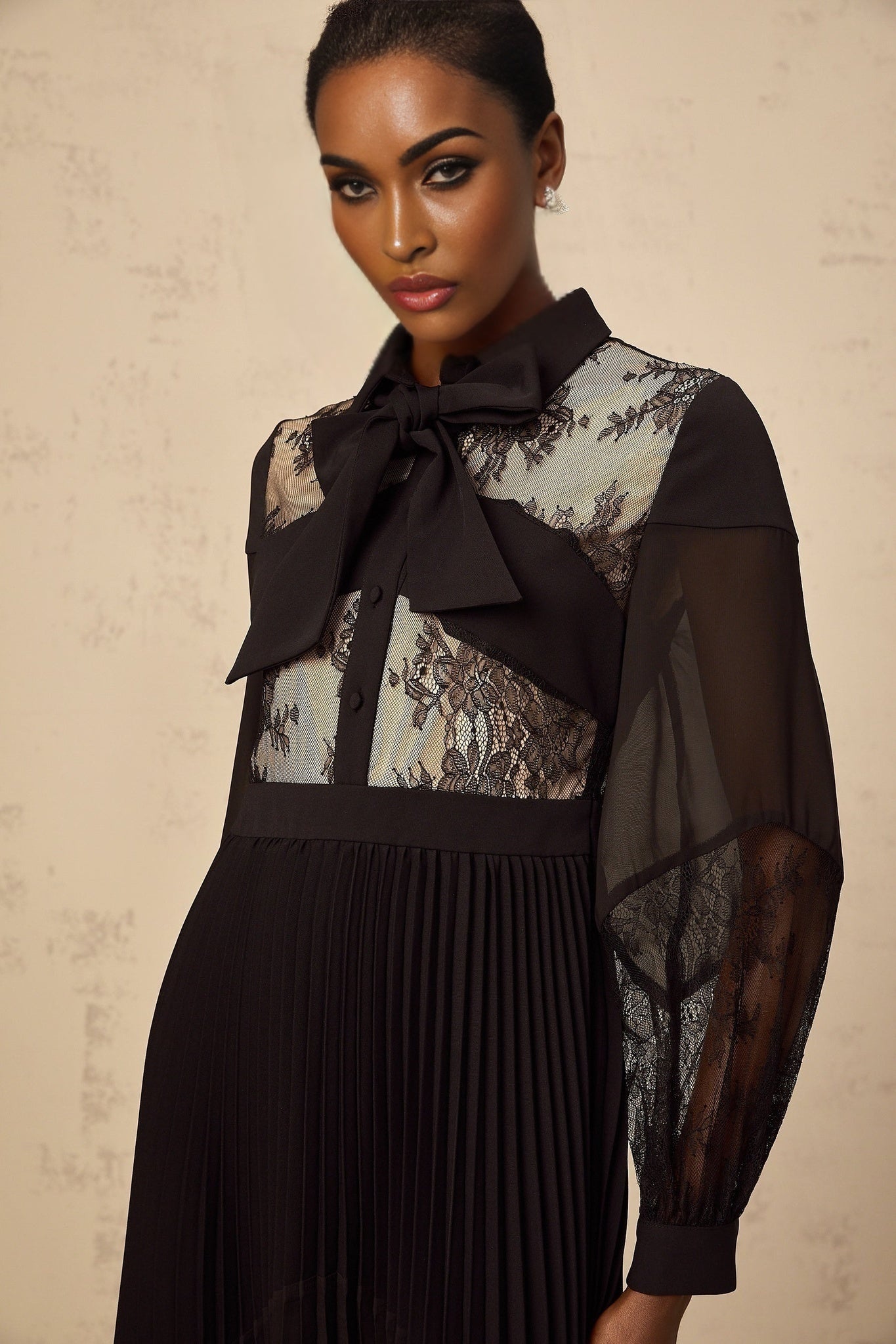 Chloe Maxi Dress - Ribbon Tie - Neck Detailing - Pleated Skirt - Floral - Lace - Buttoned Cuffs - Side Zip