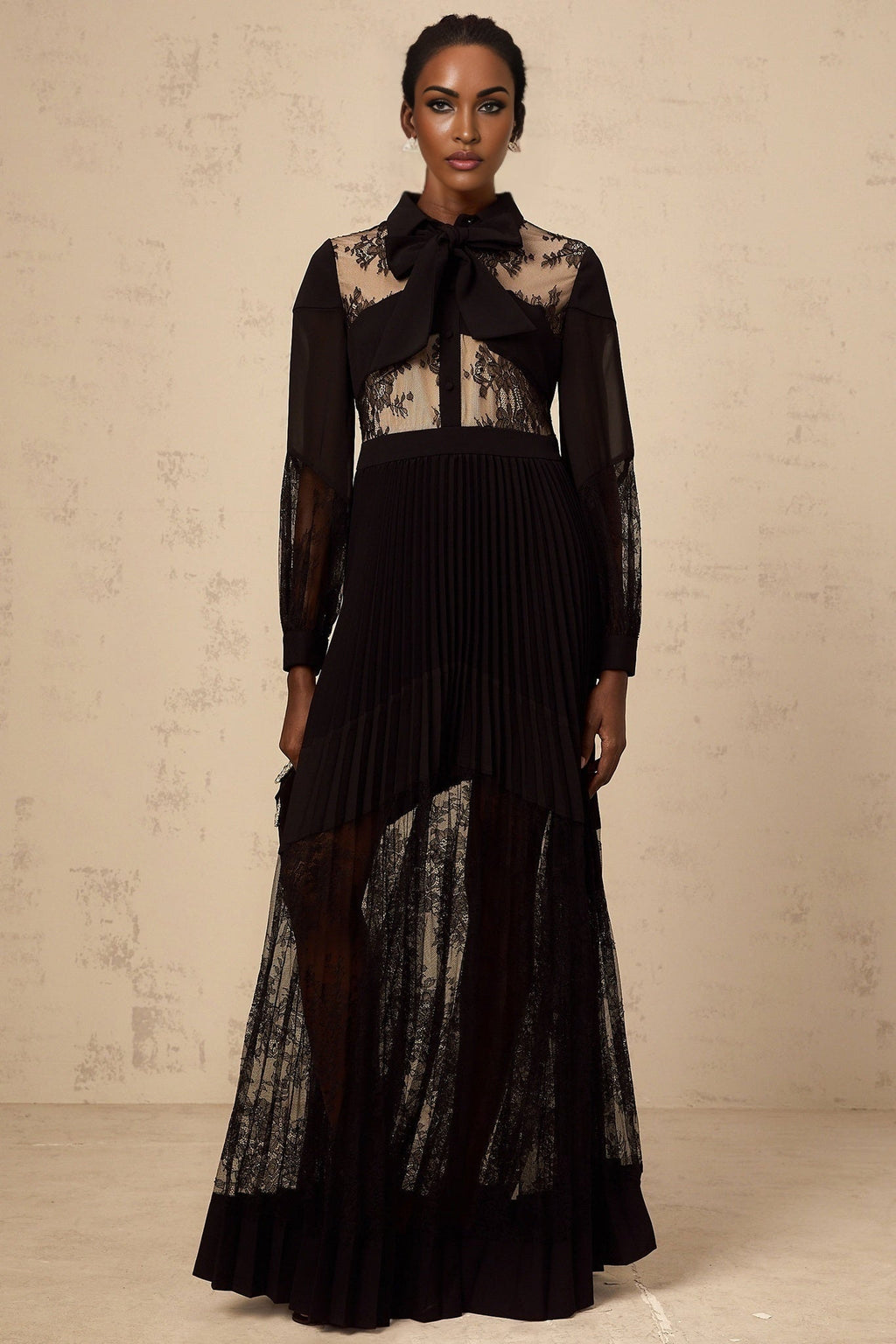 Chloe Maxi Dress - Ribbon Tie - Neck Detailing - Pleated Skirt - Floral - Lace - Buttoned Cuffs - Side Zip