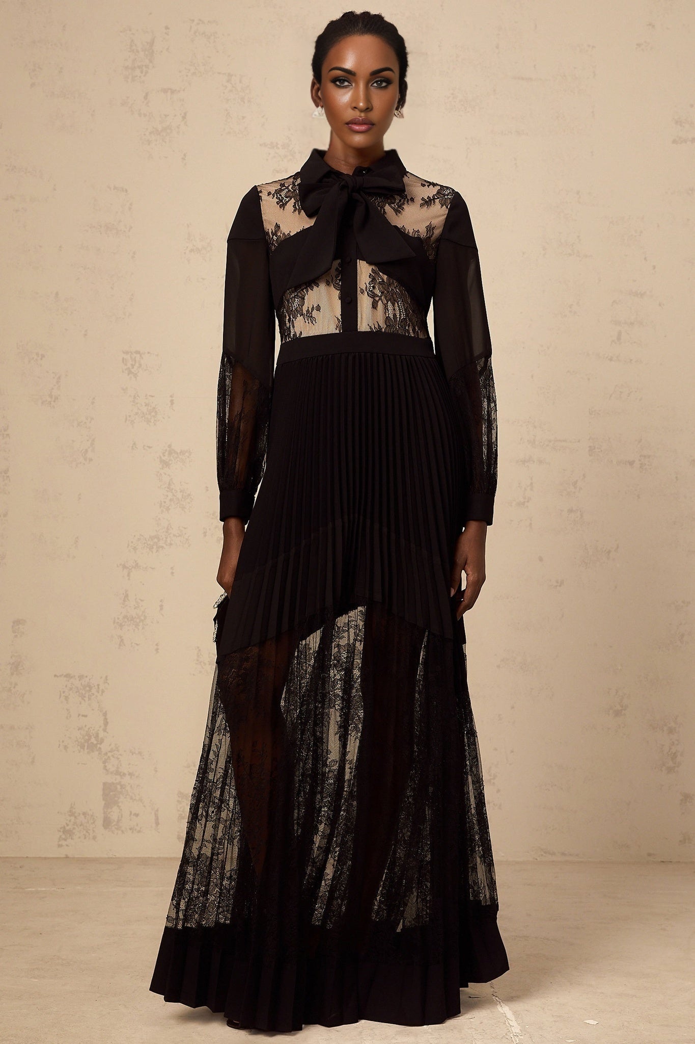 Chloe Maxi Dress - Ribbon Tie - Neck Detailing - Pleated Skirt - Floral - Lace - Buttoned Cuffs - Side Zip