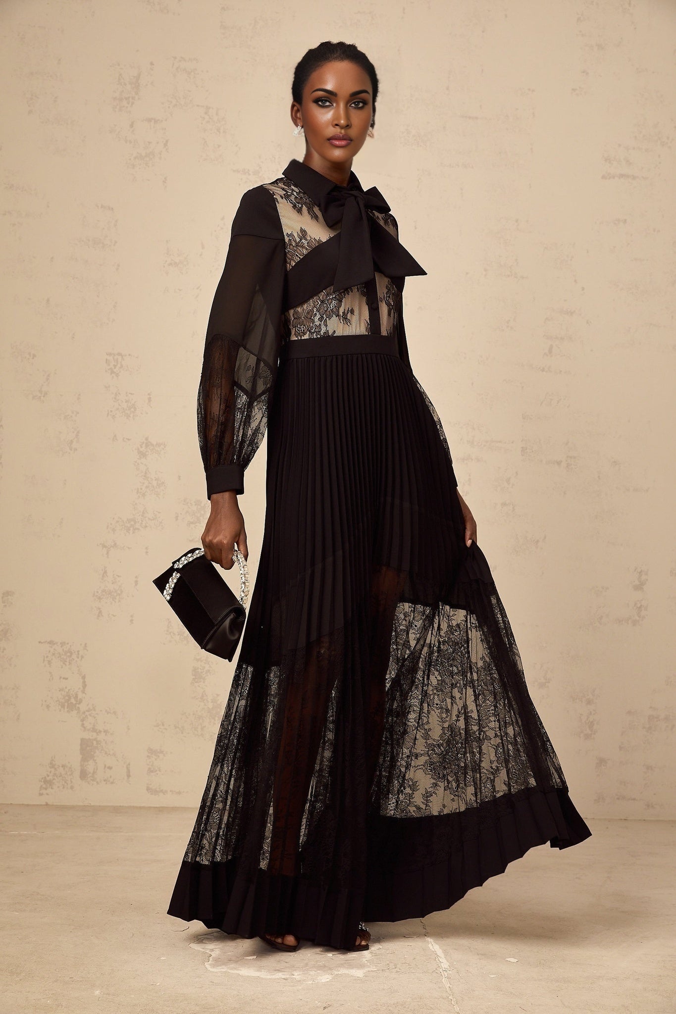 Chloe Maxi Dress - Ribbon Tie - Neck Detailing - Pleated Skirt - Floral - Lace - Buttoned Cuffs - Side Zip