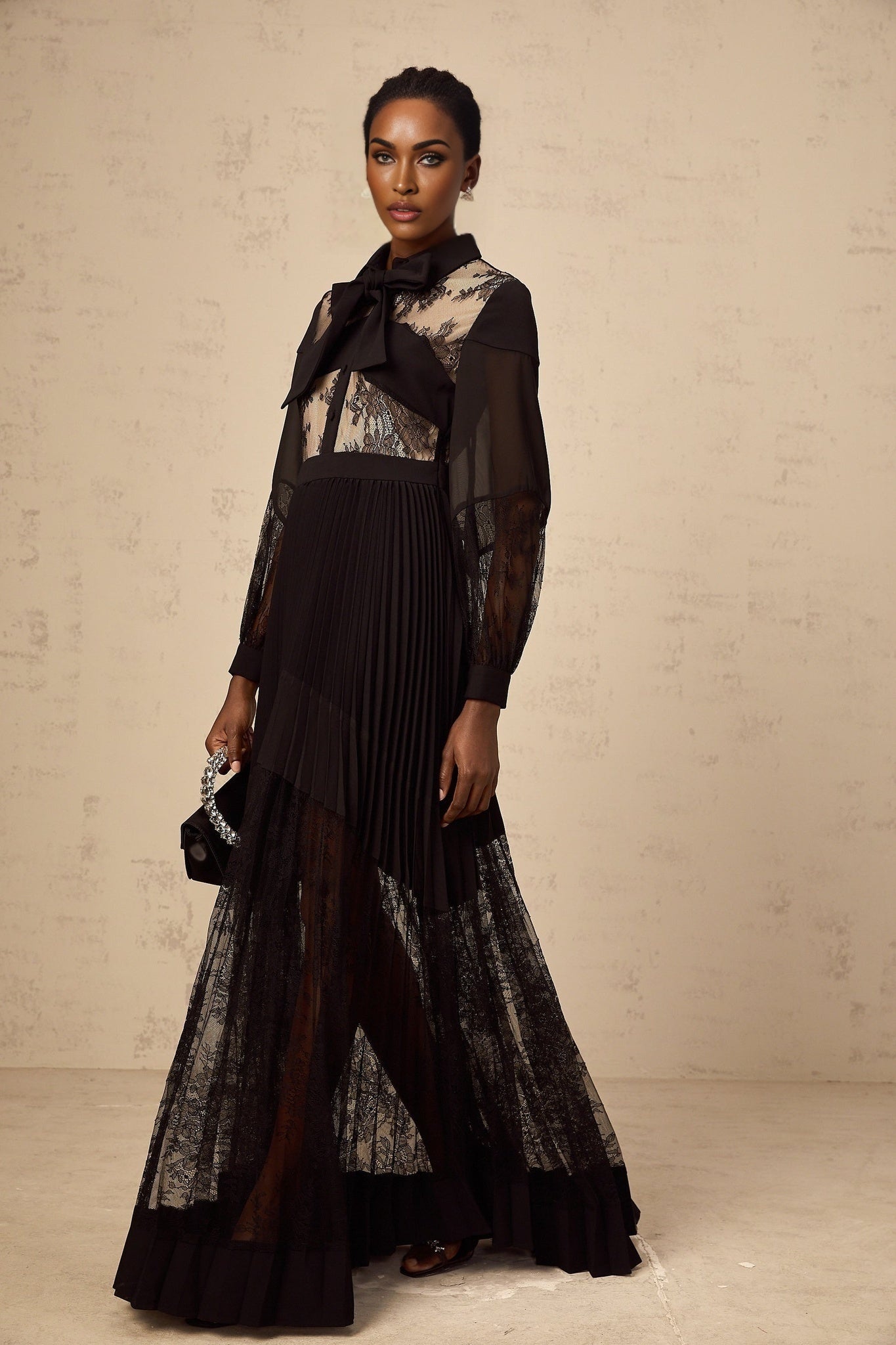 Chloe Maxi Dress - Ribbon Tie - Neck Detailing - Pleated Skirt - Floral - Lace - Buttoned Cuffs - Side Zip