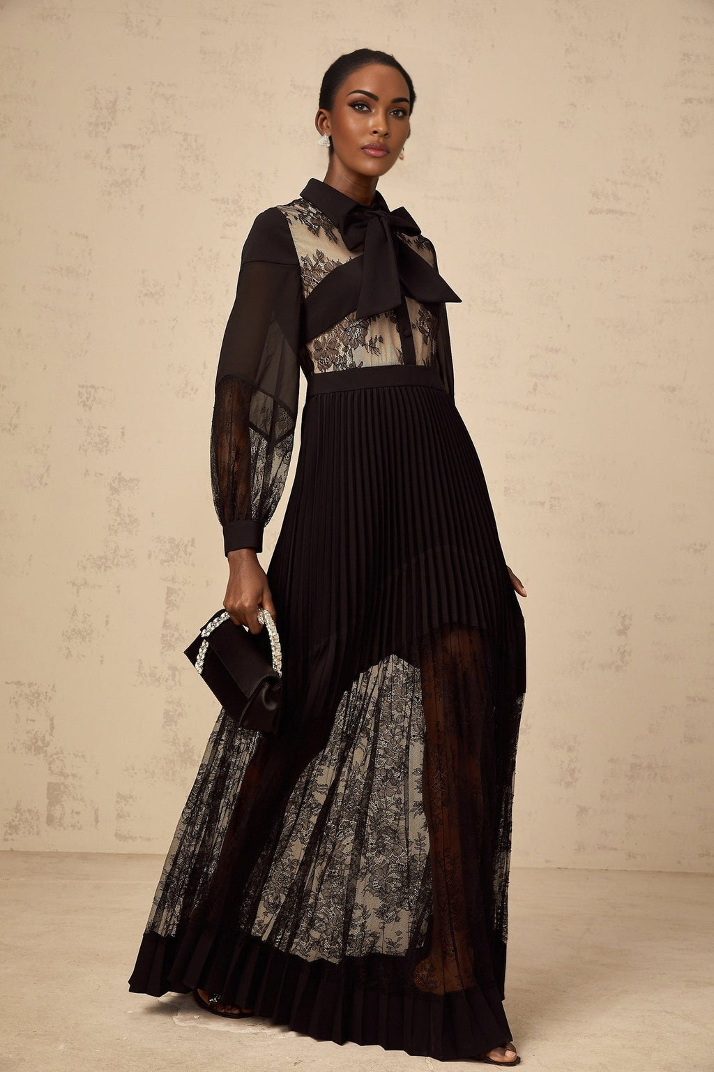 Chloe Maxi Dress - Ribbon Tie - Neck Detailing - Pleated Skirt - Floral - Lace - Buttoned Cuffs - Side Zip
