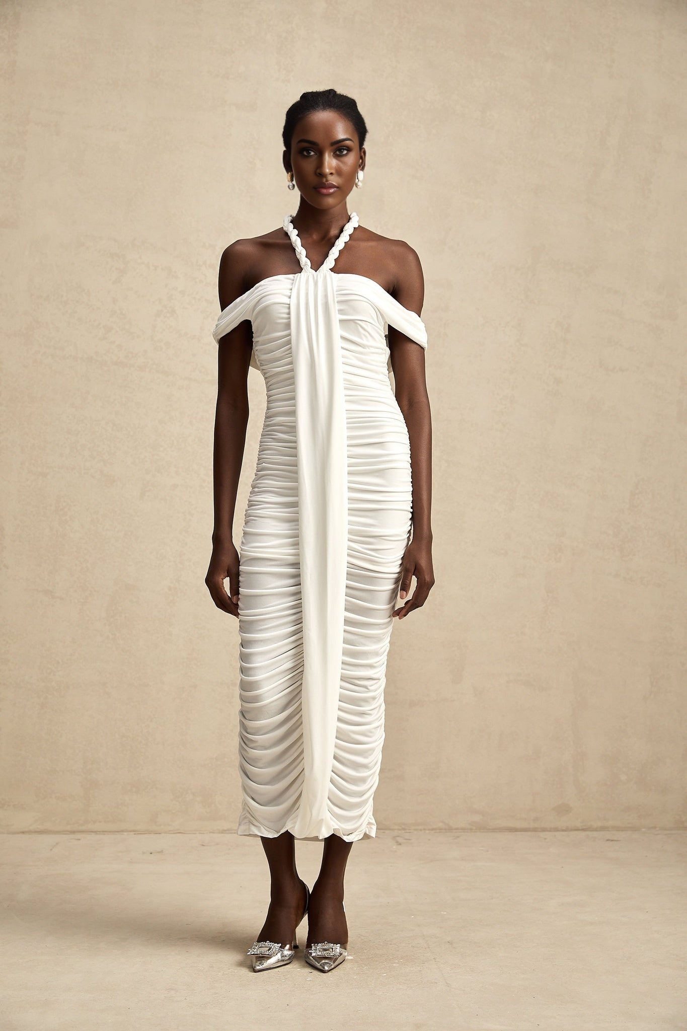 Chloe Midi Dress - Off the Shoulder - Ruched Braid Rope Detail - Side Zip Fastening