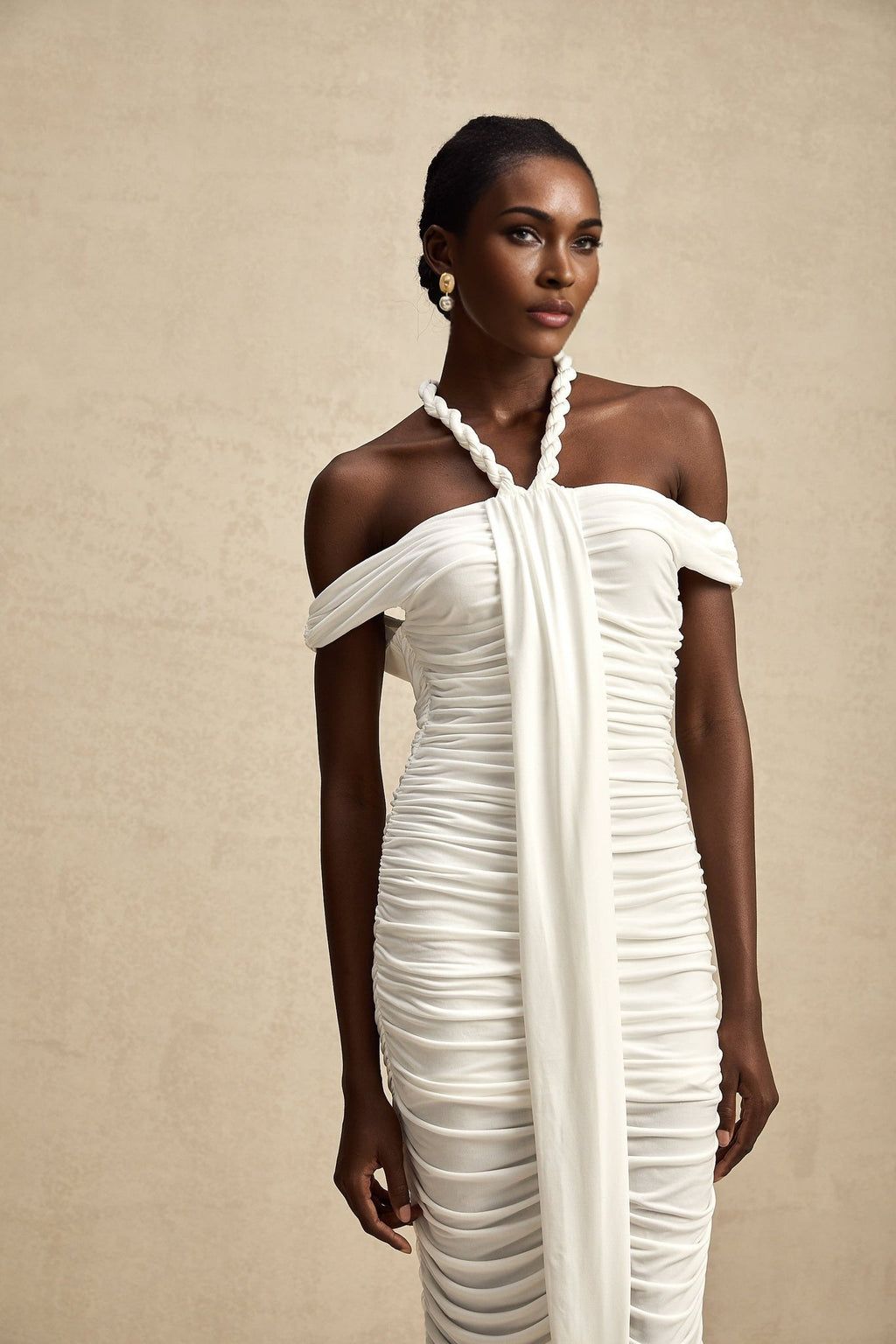 Chloe Midi Dress - Off the Shoulder - Ruched Braid Rope Detail - Side Zip Fastening