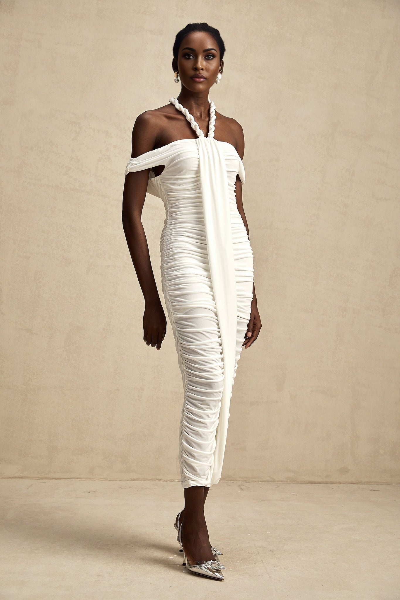Chloe Midi Dress - Off the Shoulder - Ruched Braid Rope Detail - Side Zip Fastening