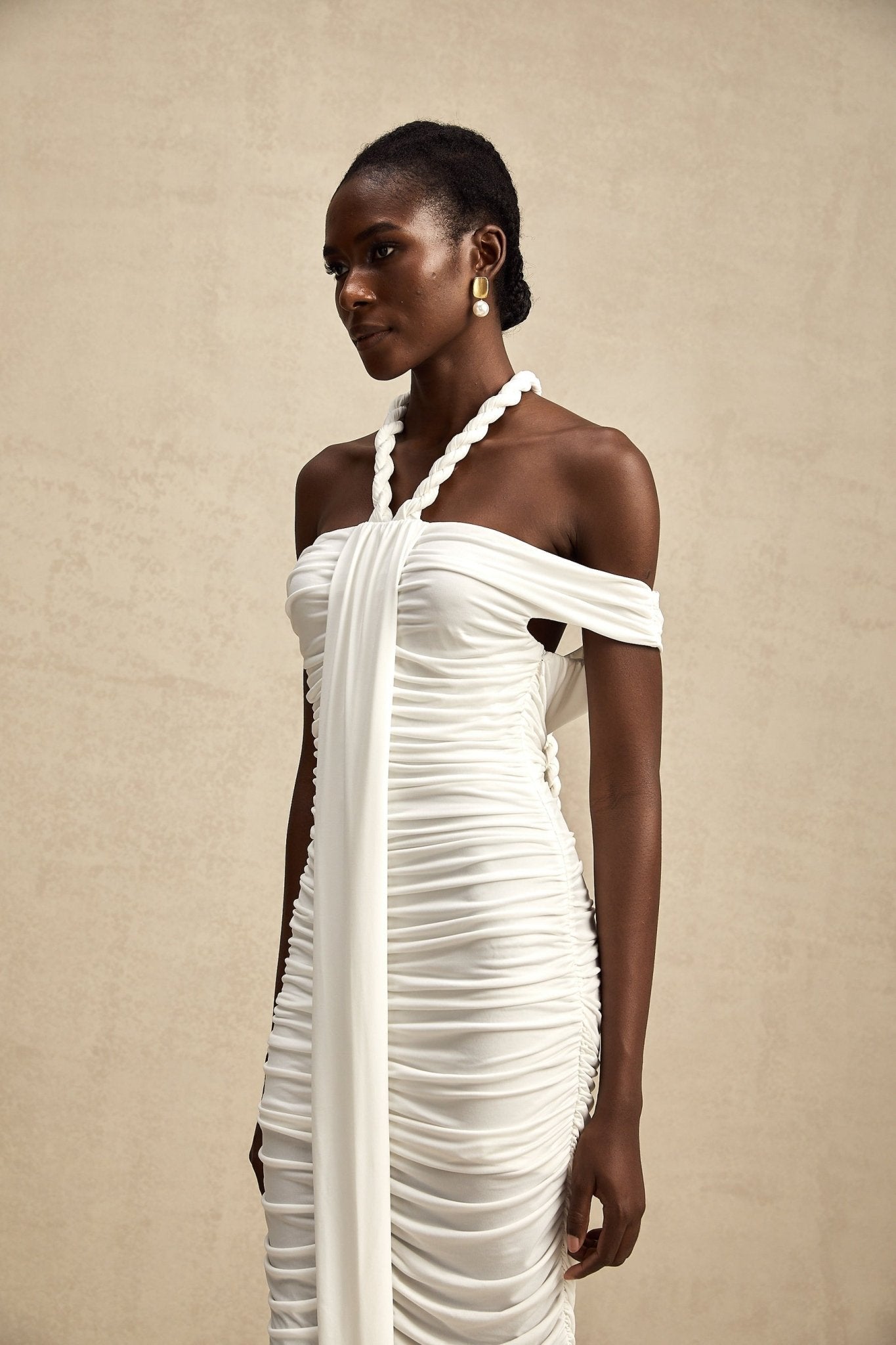 Chloe Midi Dress - Off the Shoulder - Ruched Braid Rope Detail - Side Zip Fastening