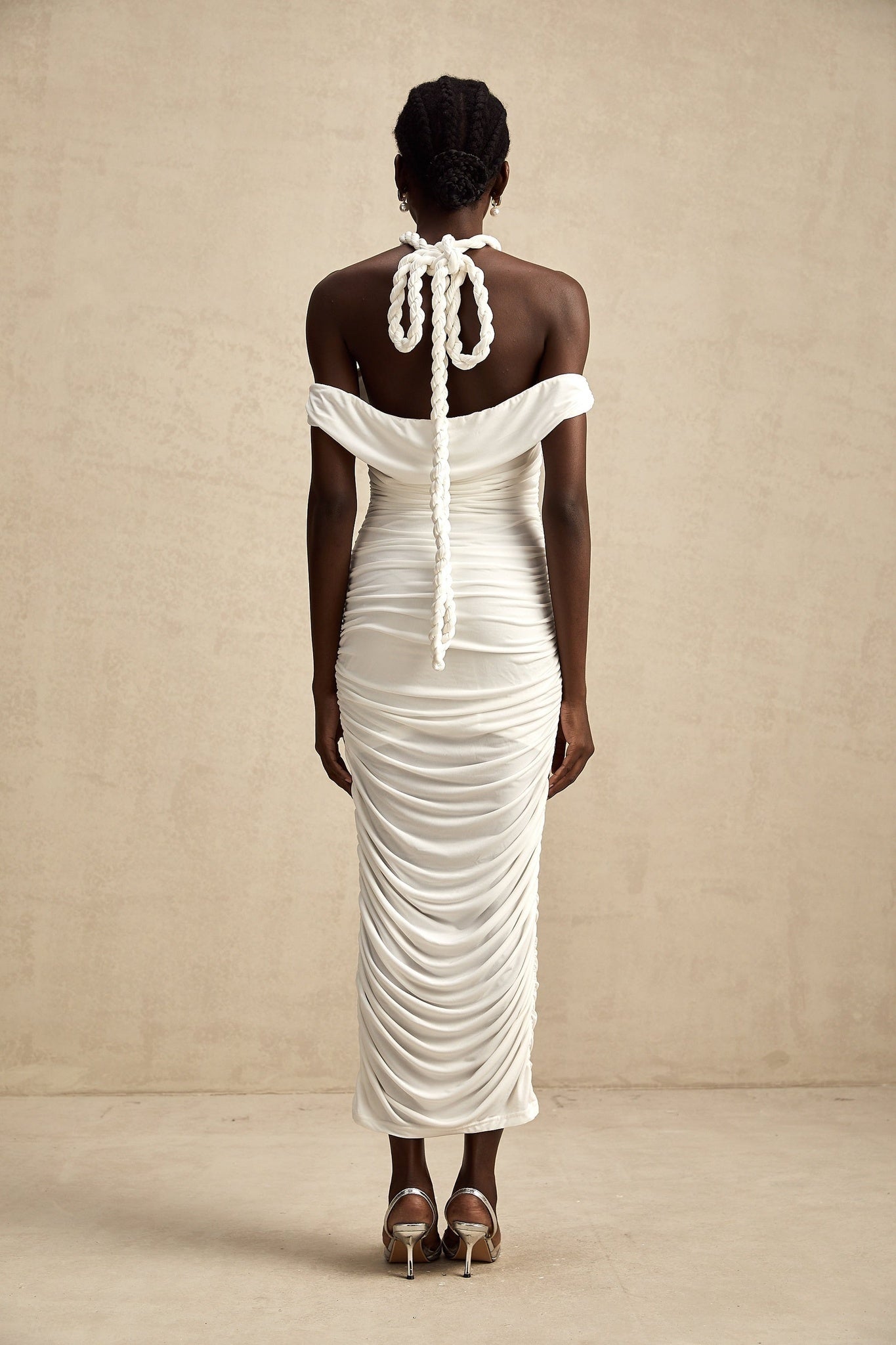 Chloe Midi Dress - Off the Shoulder - Ruched Braid Rope Detail - Side Zip Fastening