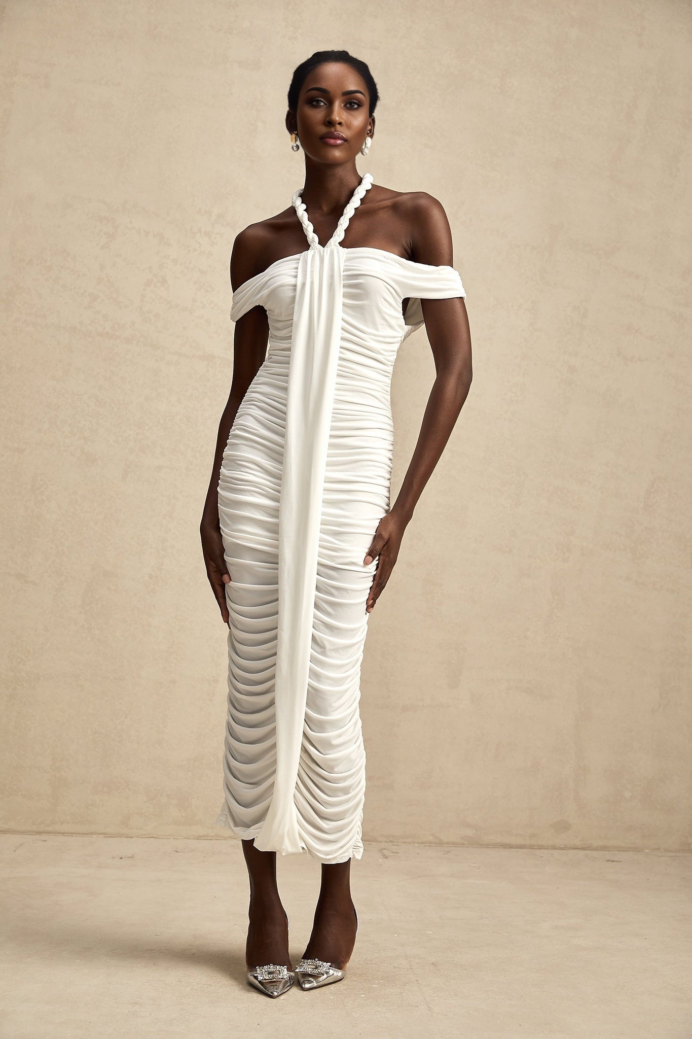 Chloe Midi Dress - Off the Shoulder - Ruched Braid Rope Detail - Side Zip Fastening