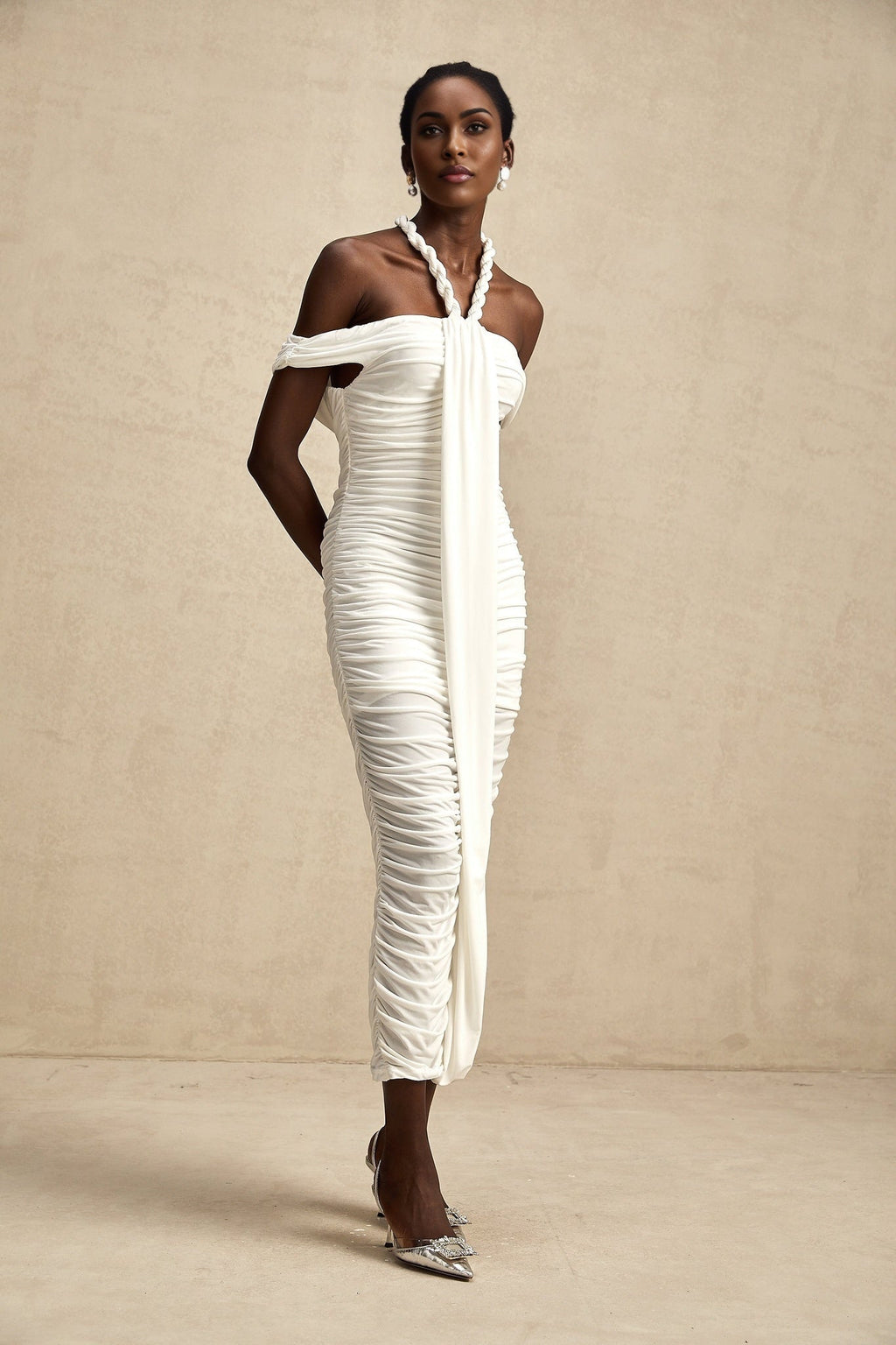 Chloe Midi Dress - Off the Shoulder - Ruched Braid Rope Detail - Side Zip Fastening