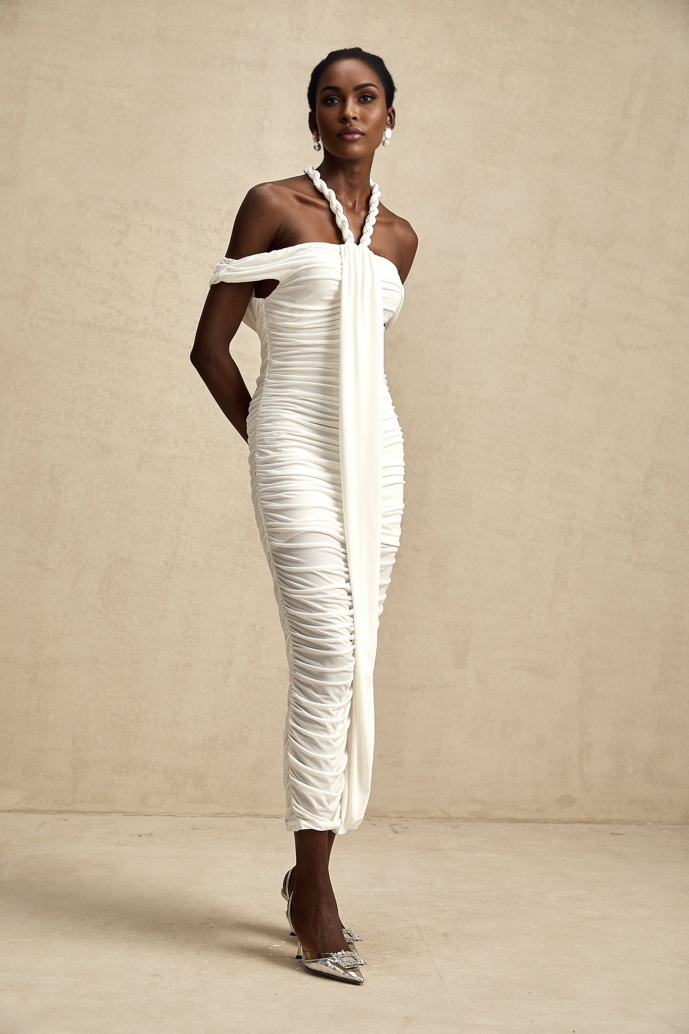 Chloe Midi Dress - Off the Shoulder - Ruched Braid Rope Detail - Side Zip Fastening