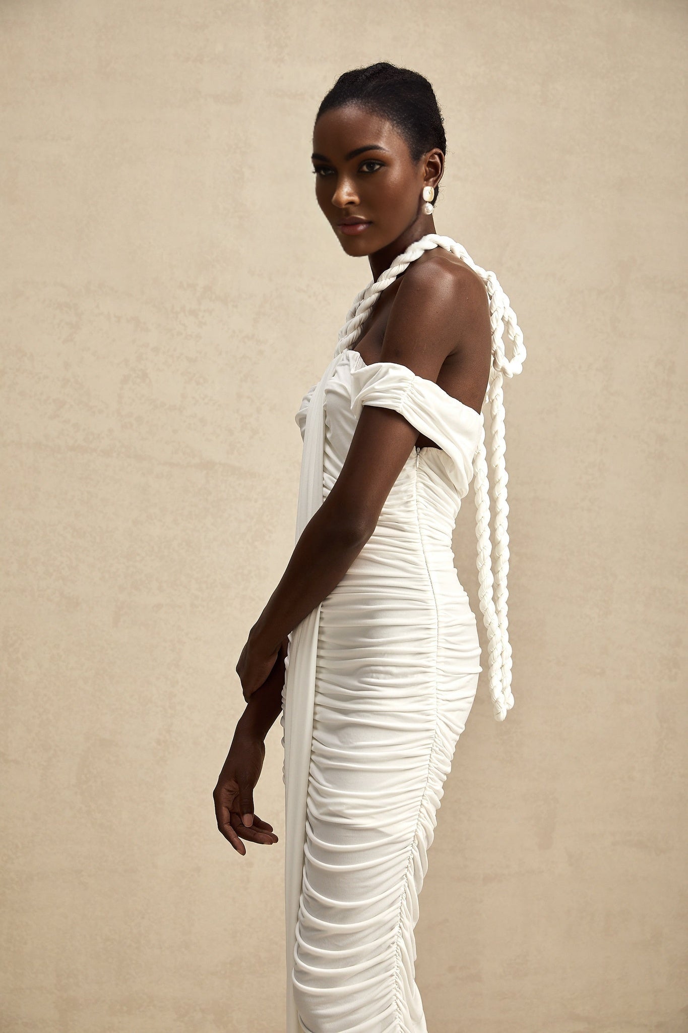 Chloe Midi Dress - Off the Shoulder - Ruched Braid Rope Detail - Side Zip Fastening