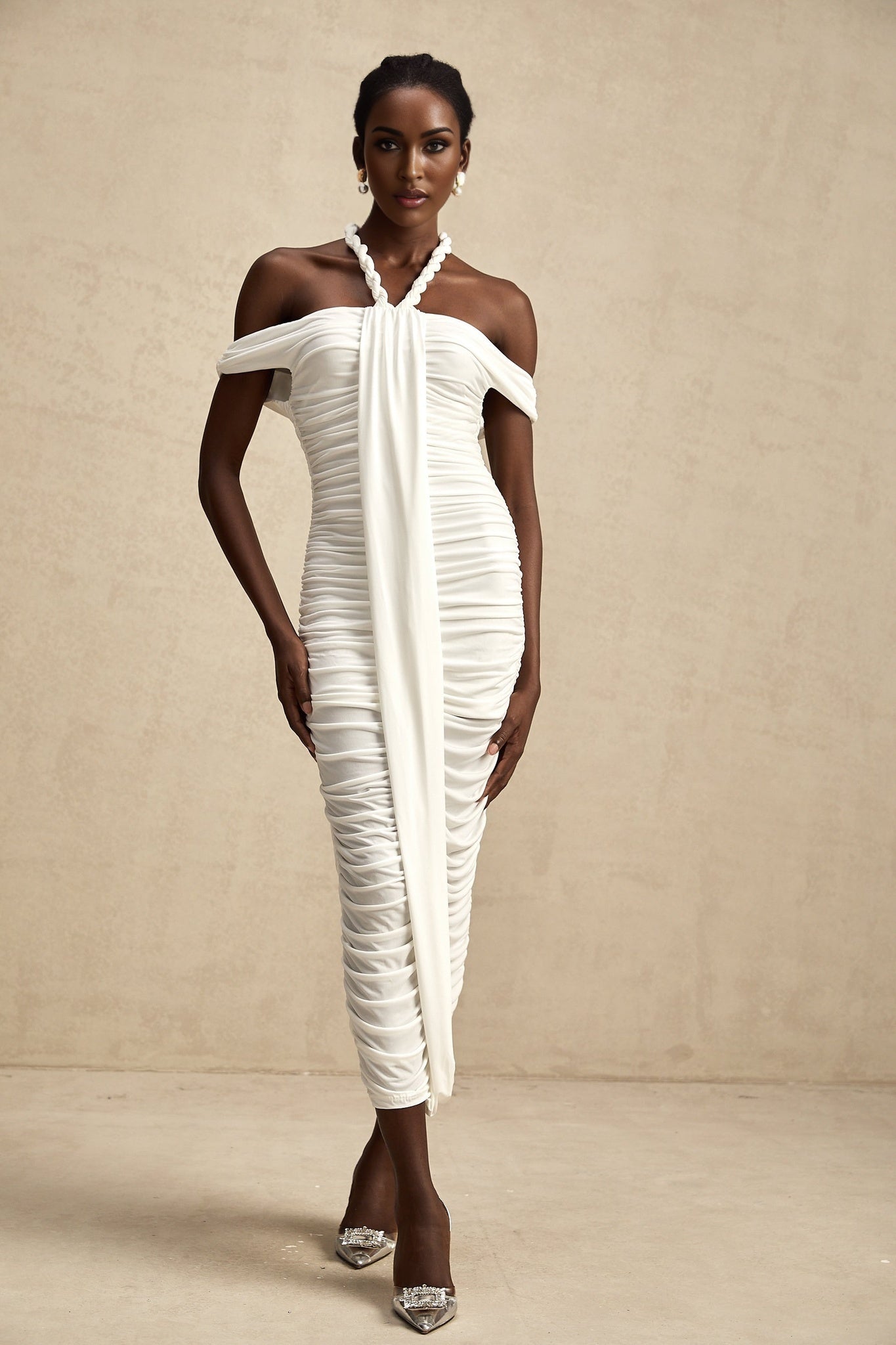 Chloe Midi Dress - Off the Shoulder - Ruched Braid Rope Detail - Side Zip Fastening