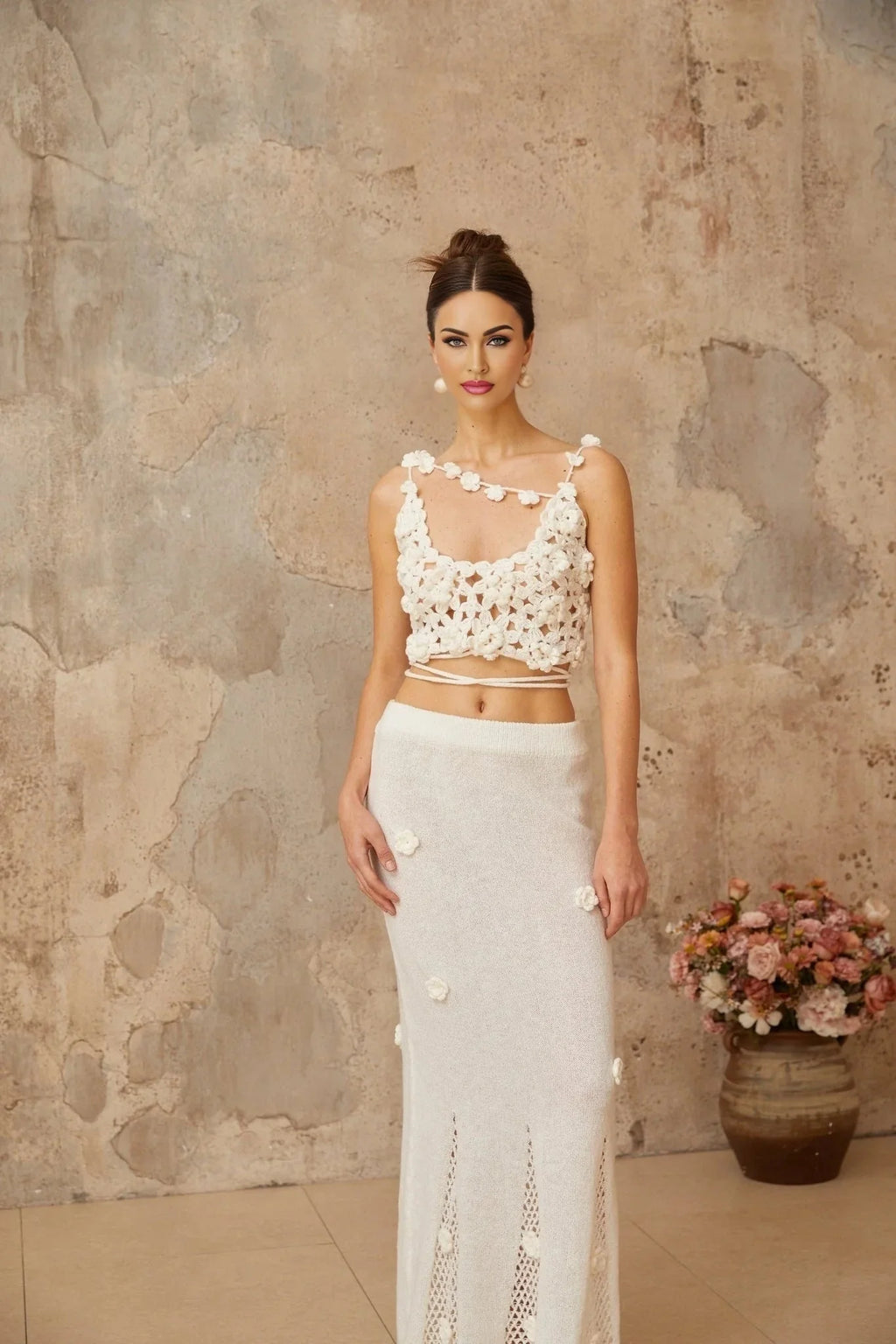 Chloe Top & Skirt Set Floral Crochet Appliqu Cut - Out Design White Elegance