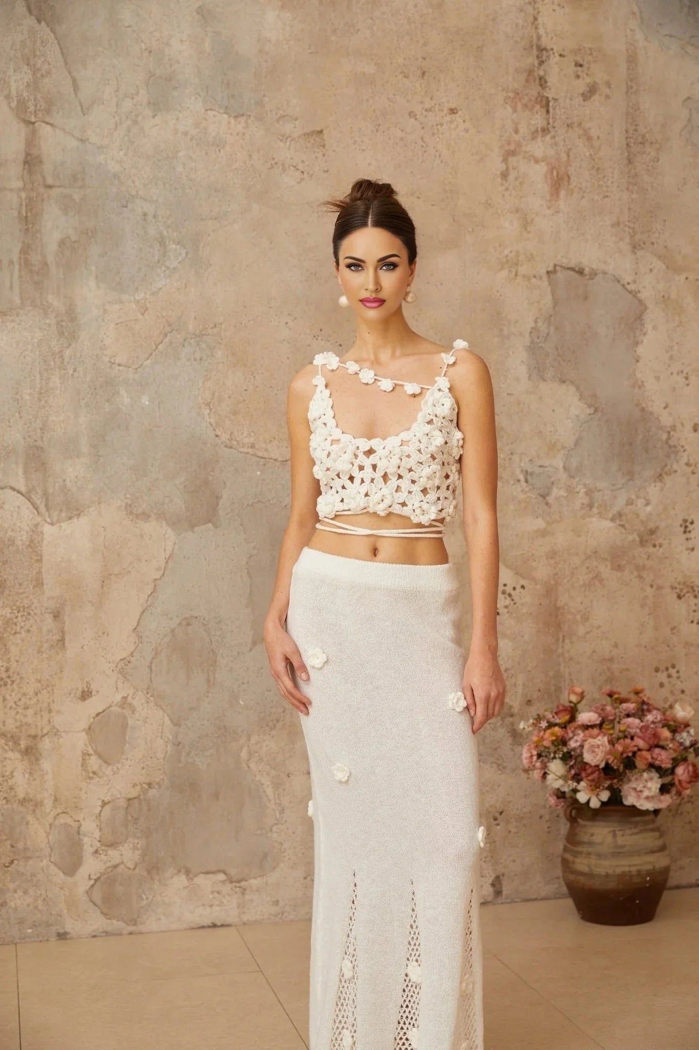Chloe Top & Skirt Set Floral Crochet Appliqu Cut - Out Design White Elegance