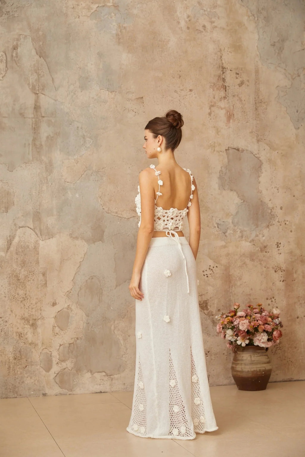 Chloe Top & Skirt Set Floral Crochet Appliqu Cut - Out Design White Elegance