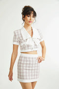 Chloe Tweed Outfit - Cropped Top with Lapels - Short Sleeves - Button Fastening - Mini Skirt with Side Zip - Straight Hem - Chic Matching Set