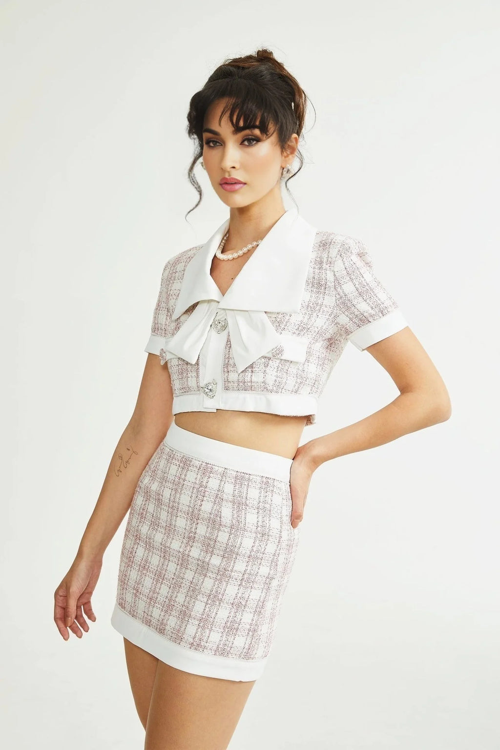Chloe Tweed Outfit - Cropped Top with Lapels - Short Sleeves - Button Fastening - Mini Skirt with Side Zip - Straight Hem - Chic Matching Set