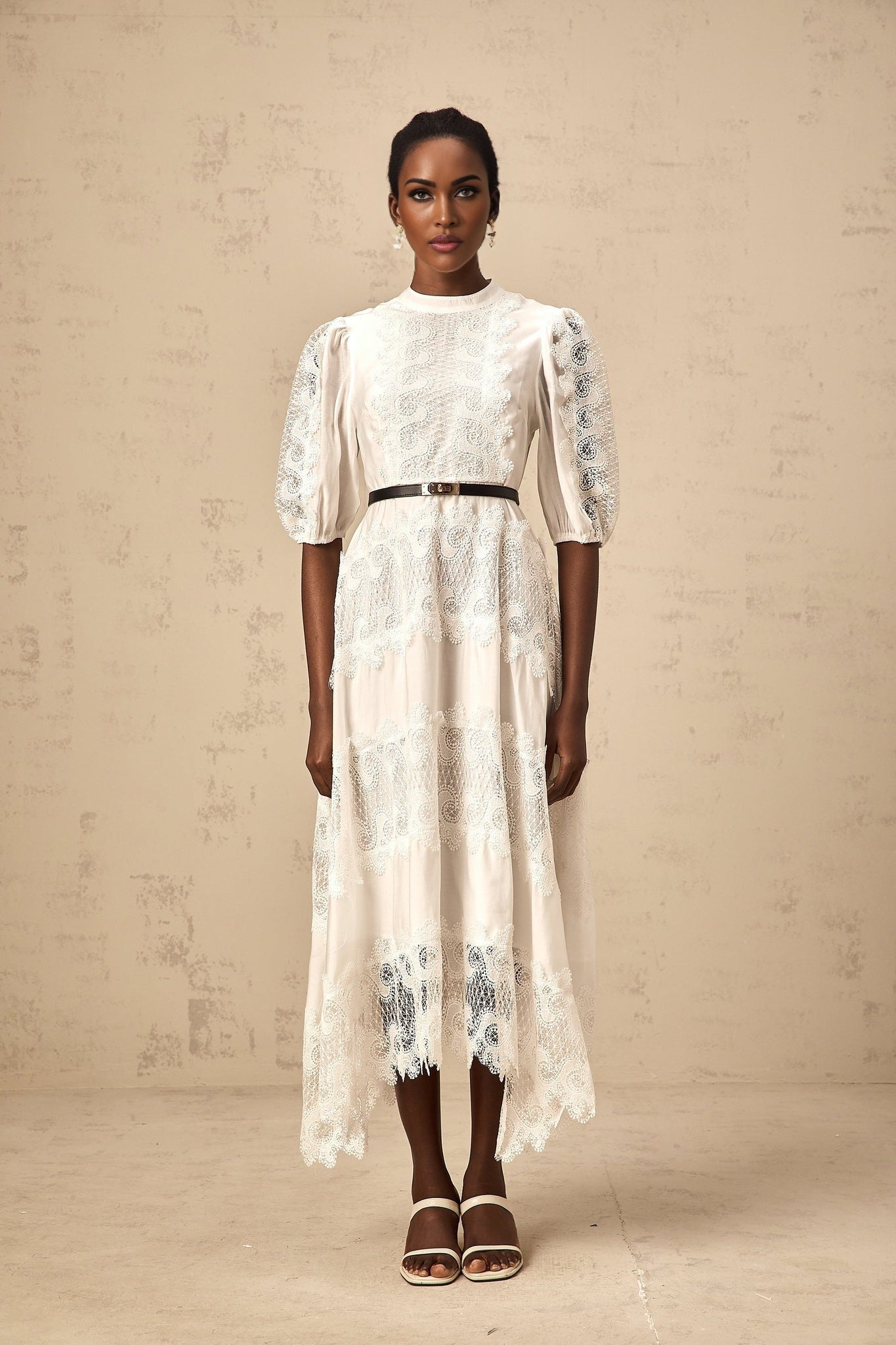 Cinzia Midi Dress - Crew Neck - Half Puff Sleeves - Belted Waist - Lace Trim