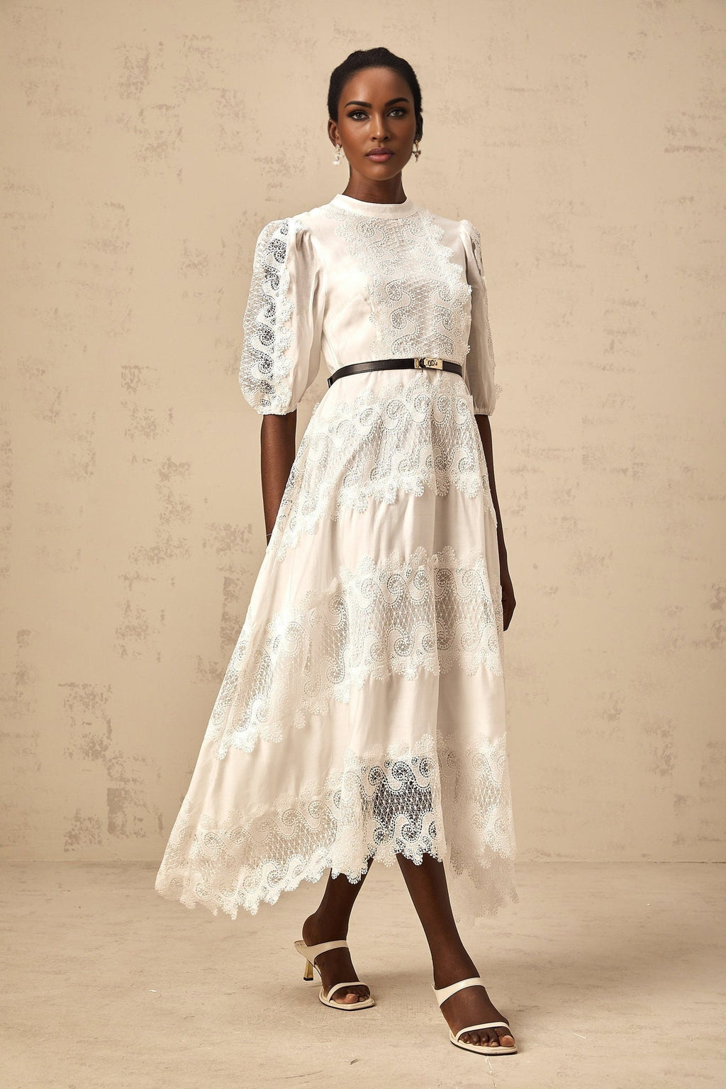 Cinzia Midi Dress - Crew Neck - Half Puff Sleeves - Belted Waist - Lace Trim