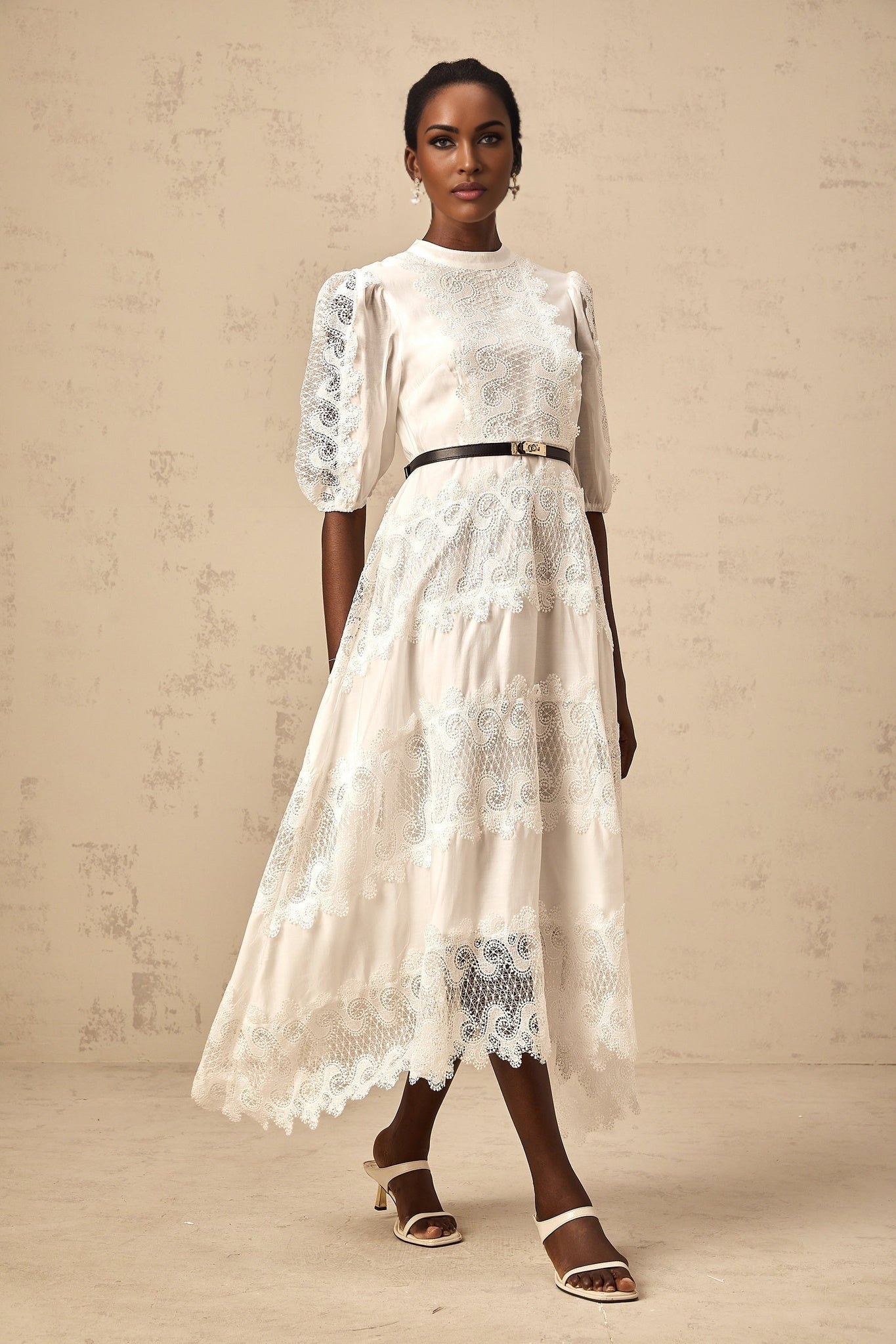 Cinzia Midi Dress - Crew Neck - Half Puff Sleeves - Belted Waist - Lace Trim