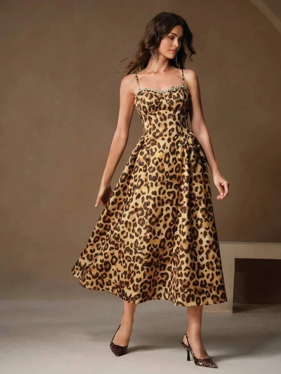 Cinzia Midi Dress - Spaghetti Strap - Flared Hem - High Waist - Elegant Style