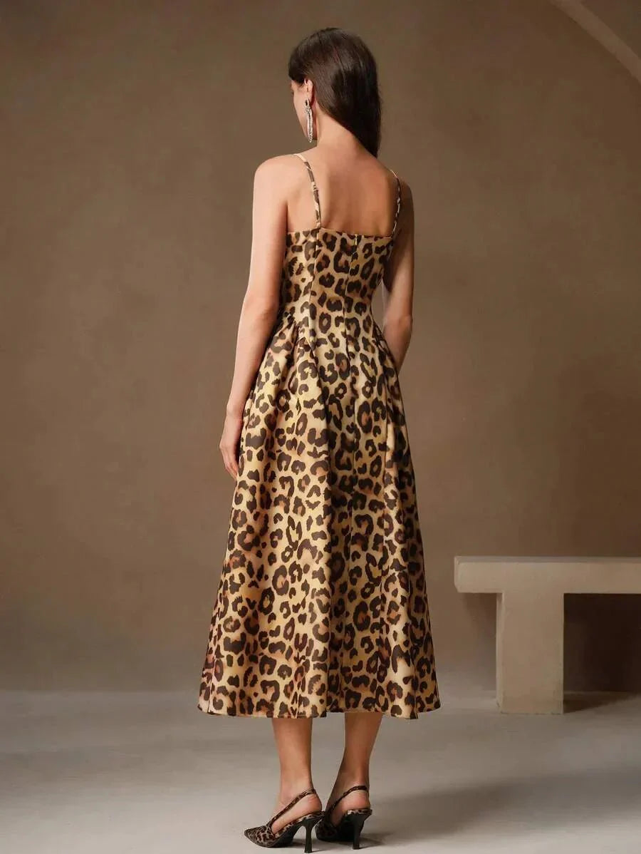 Cinzia Midi Dress - Spaghetti Strap - Flared Hem - High Waist - Elegant Style