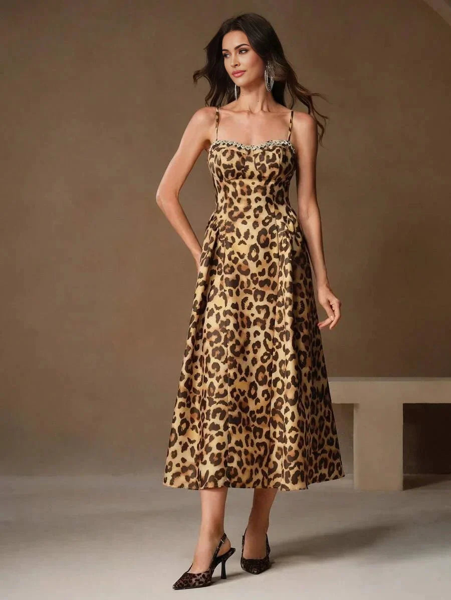 Cinzia Midi Dress - Spaghetti Strap - Flared Hem - High Waist - Elegant Style