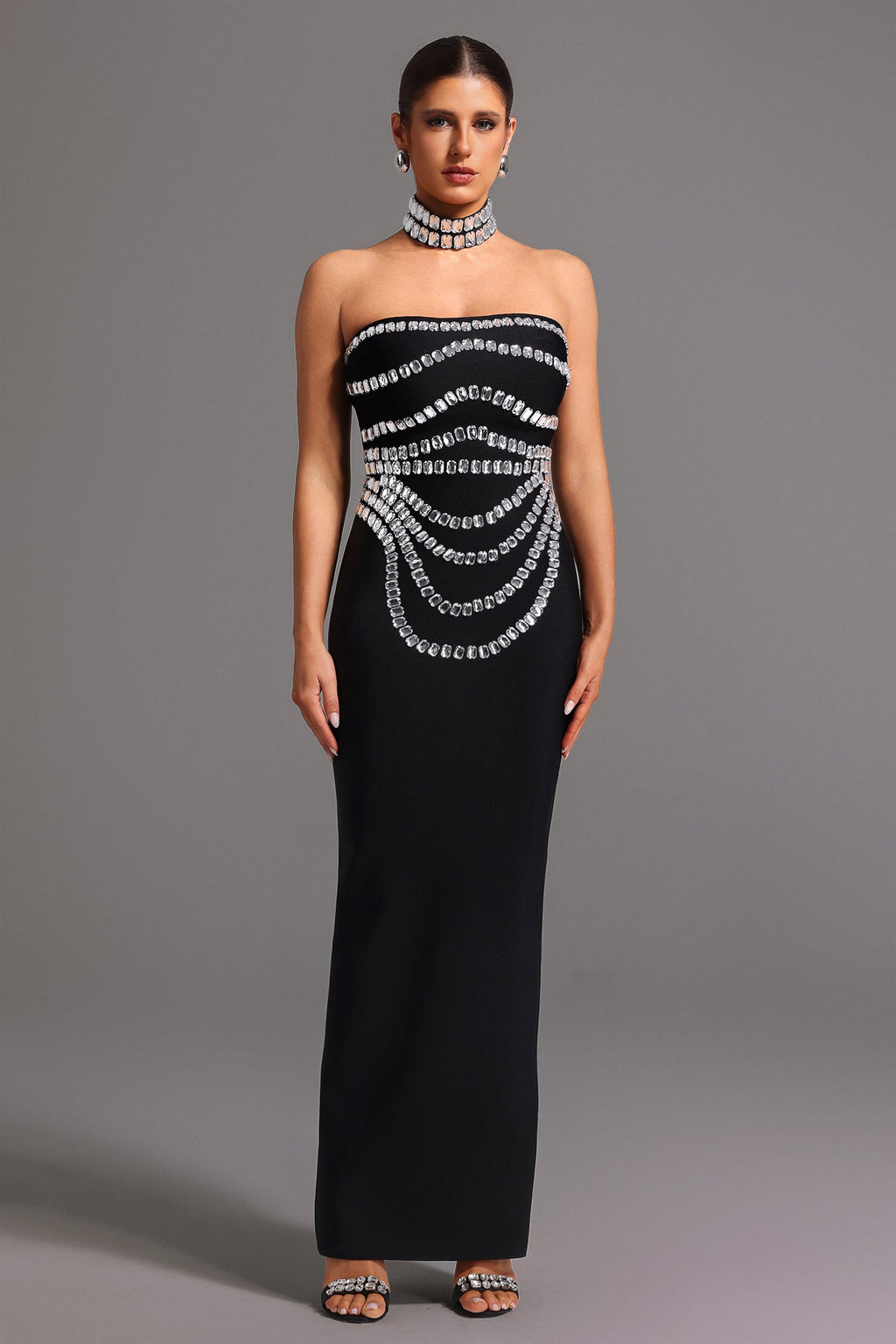 Cinzietta Black Diamond Embellished Strapless Sleeveless Dress