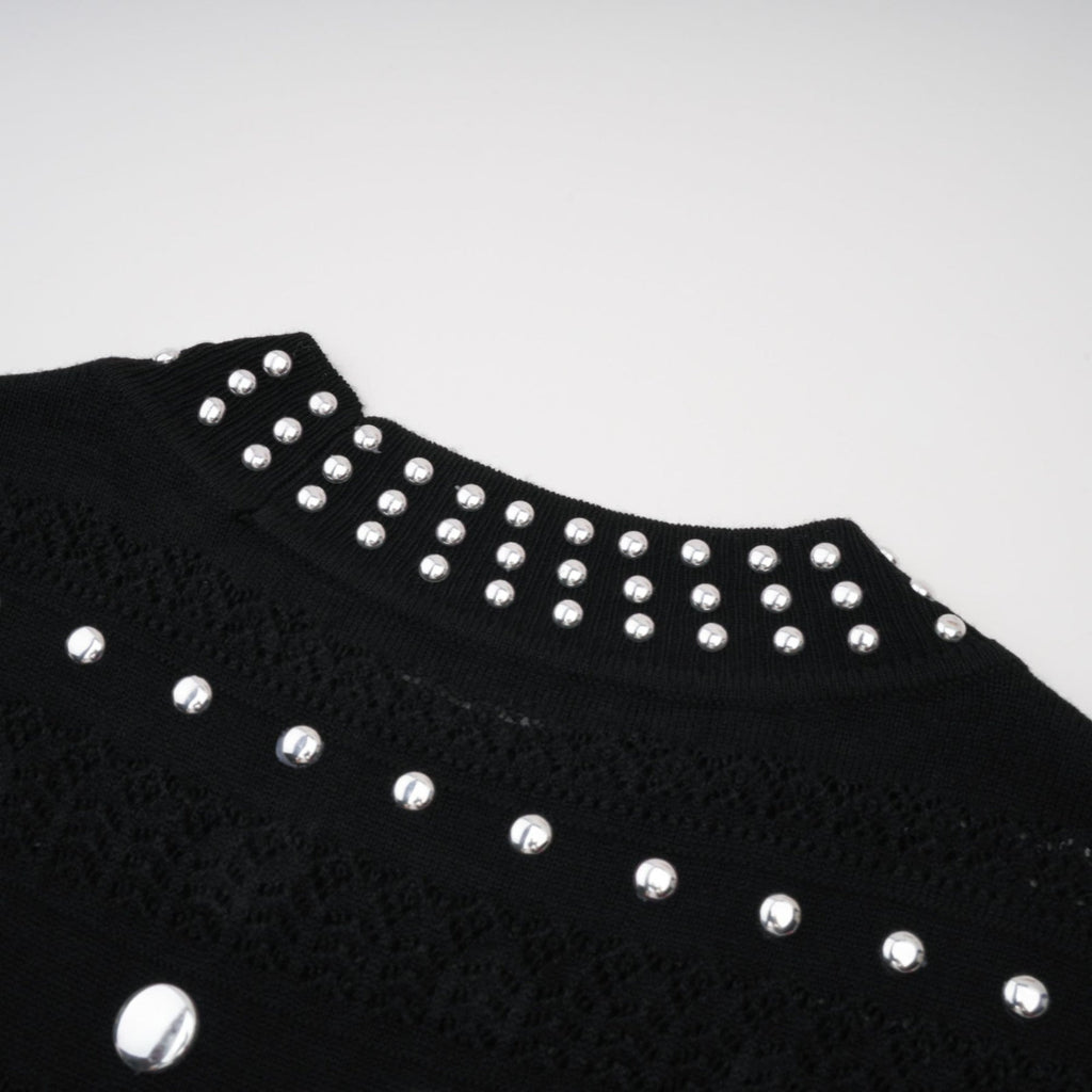 Cinzietta Maxi Dress - Crochet Knit - Crew Neck Style - Stud Embellishments - Ruffled Hem