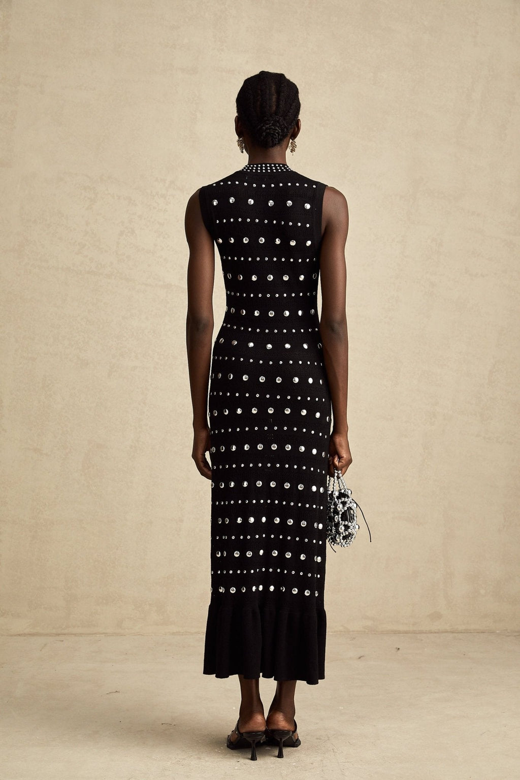 Cinzietta Maxi Dress - Crochet Knit - Crew Neck Style - Stud Embellishments - Ruffled Hem