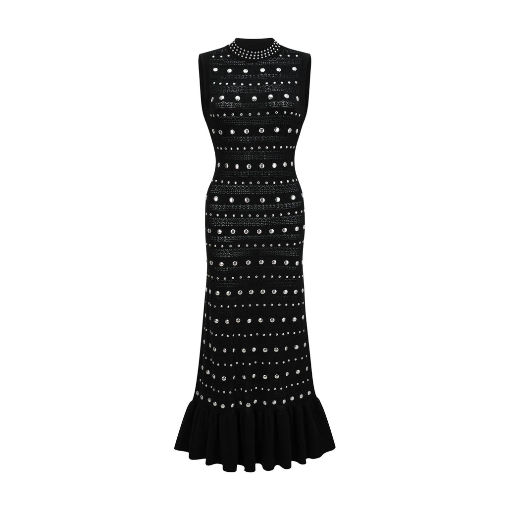 Cinzietta Maxi Dress - Crochet Knit - Crew Neck Style - Stud Embellishments - Ruffled Hem