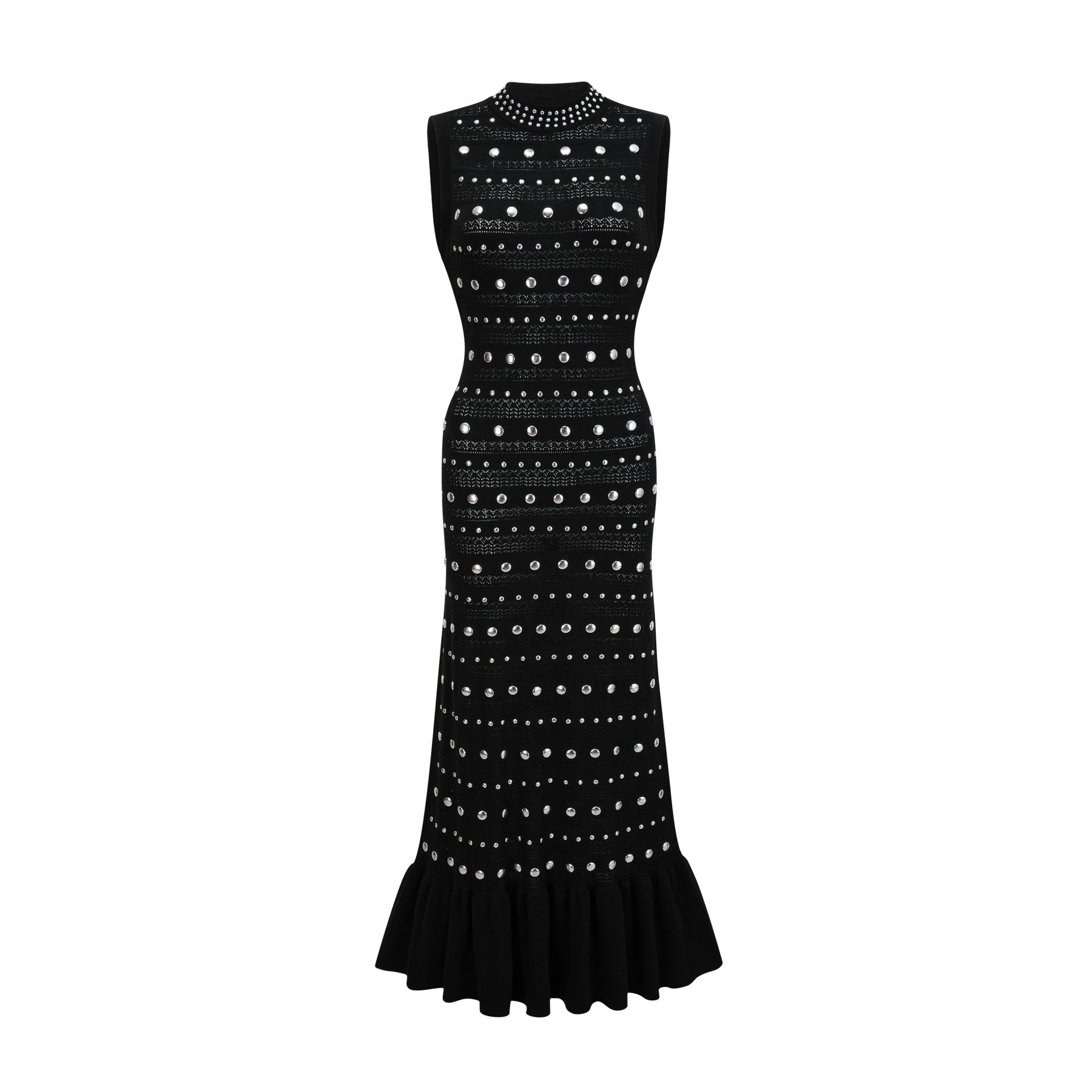 Cinzietta Maxi Dress - Crochet Knit - Crew Neck Style - Stud Embellishments - Ruffled Hem