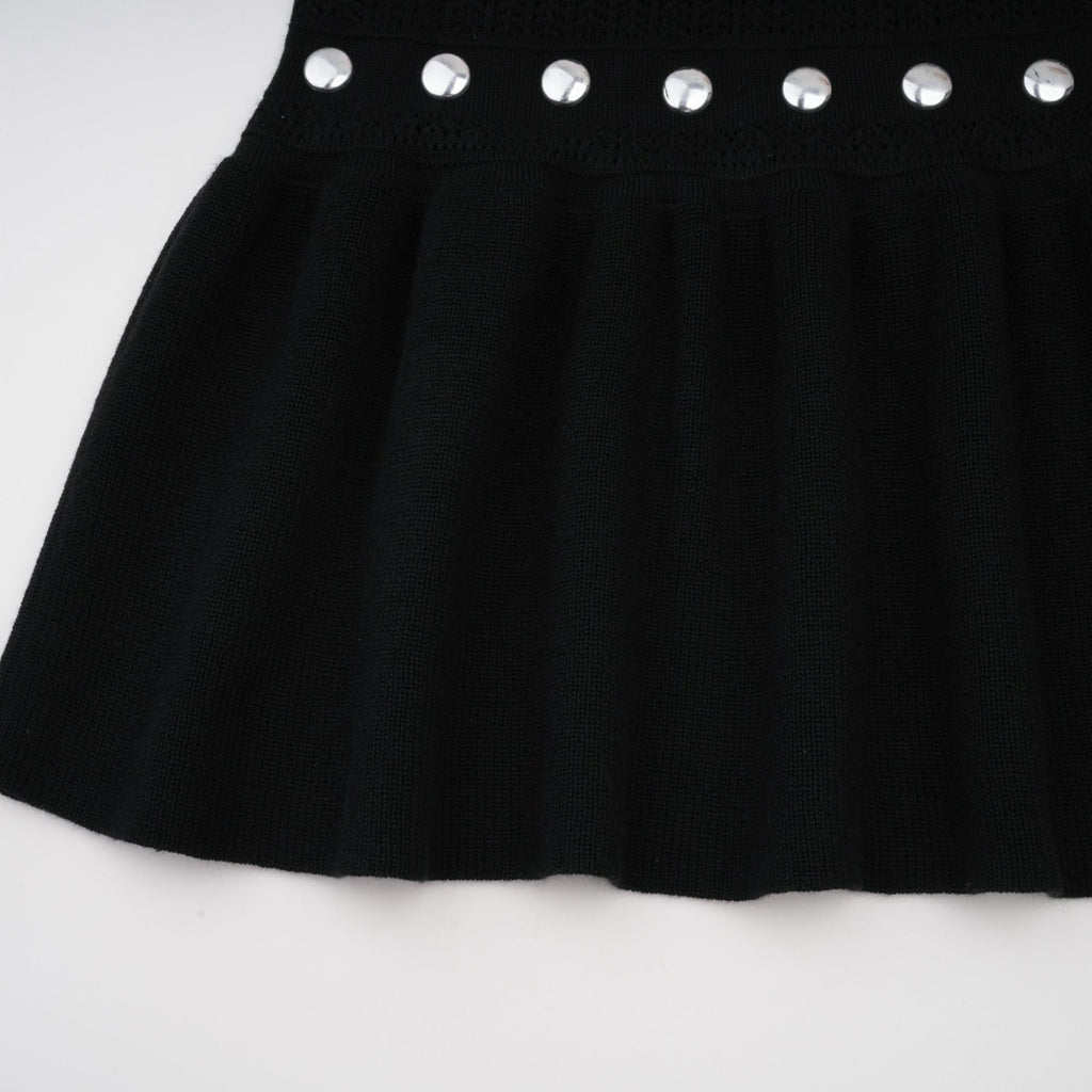 Cinzietta Maxi Dress - Crochet Knit - Crew Neck Style - Stud Embellishments - Ruffled Hem