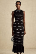 Cinzietta Maxi Dress - Crochet Knit - Crew Neck Style - Stud Embellishments - Ruffled Hem