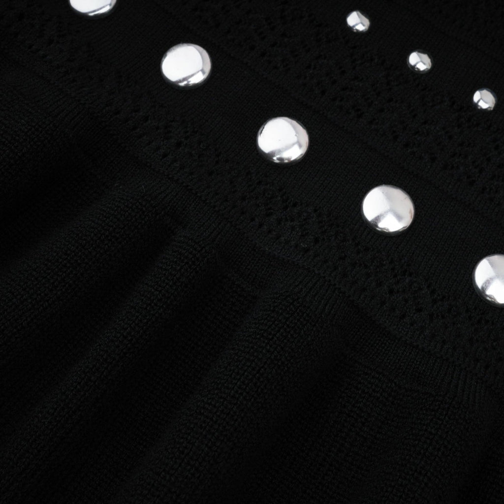 Cinzietta Maxi Dress - Crochet Knit - Crew Neck Style - Stud Embellishments - Ruffled Hem
