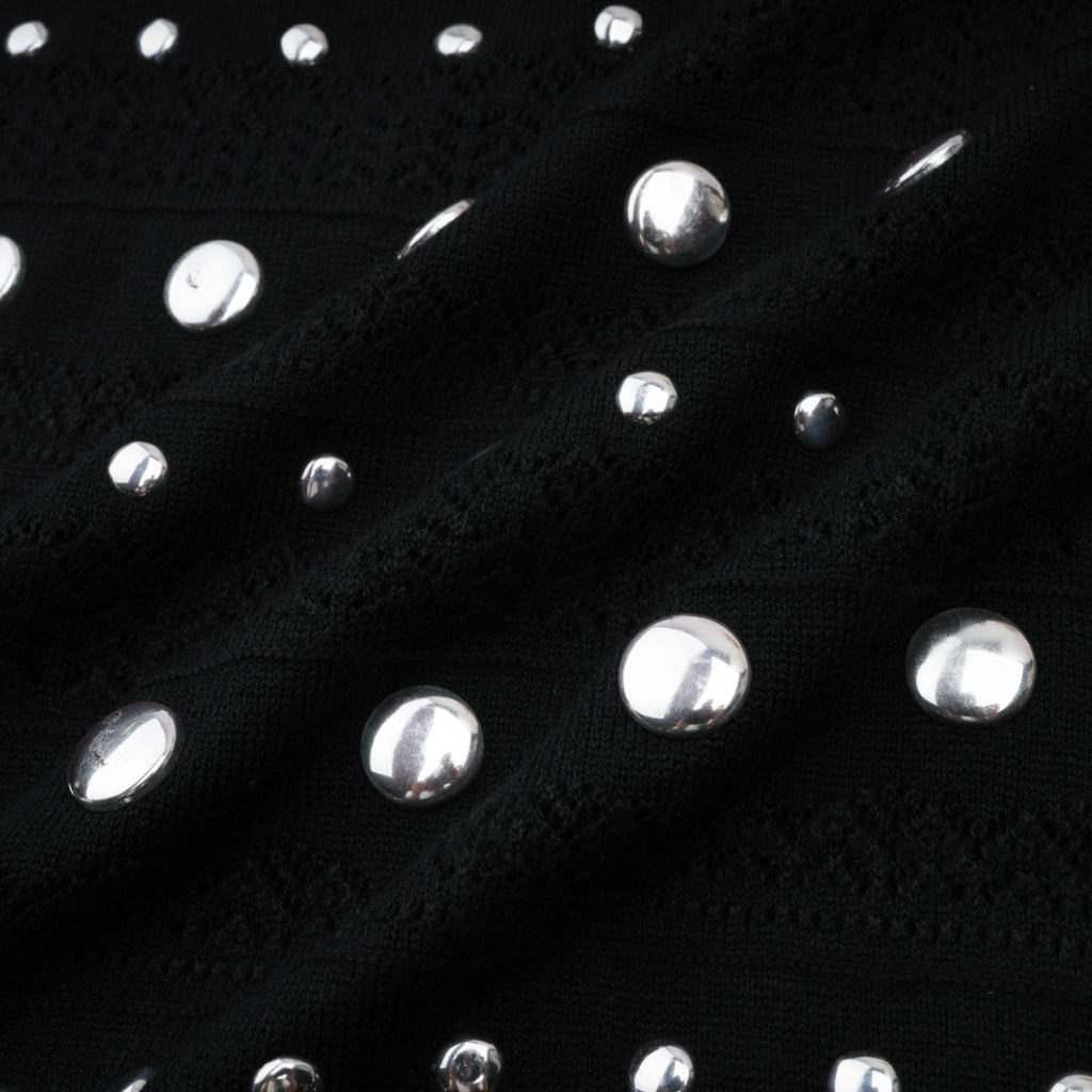 Cinzietta Maxi Dress - Crochet Knit - Crew Neck Style - Stud Embellishments - Ruffled Hem
